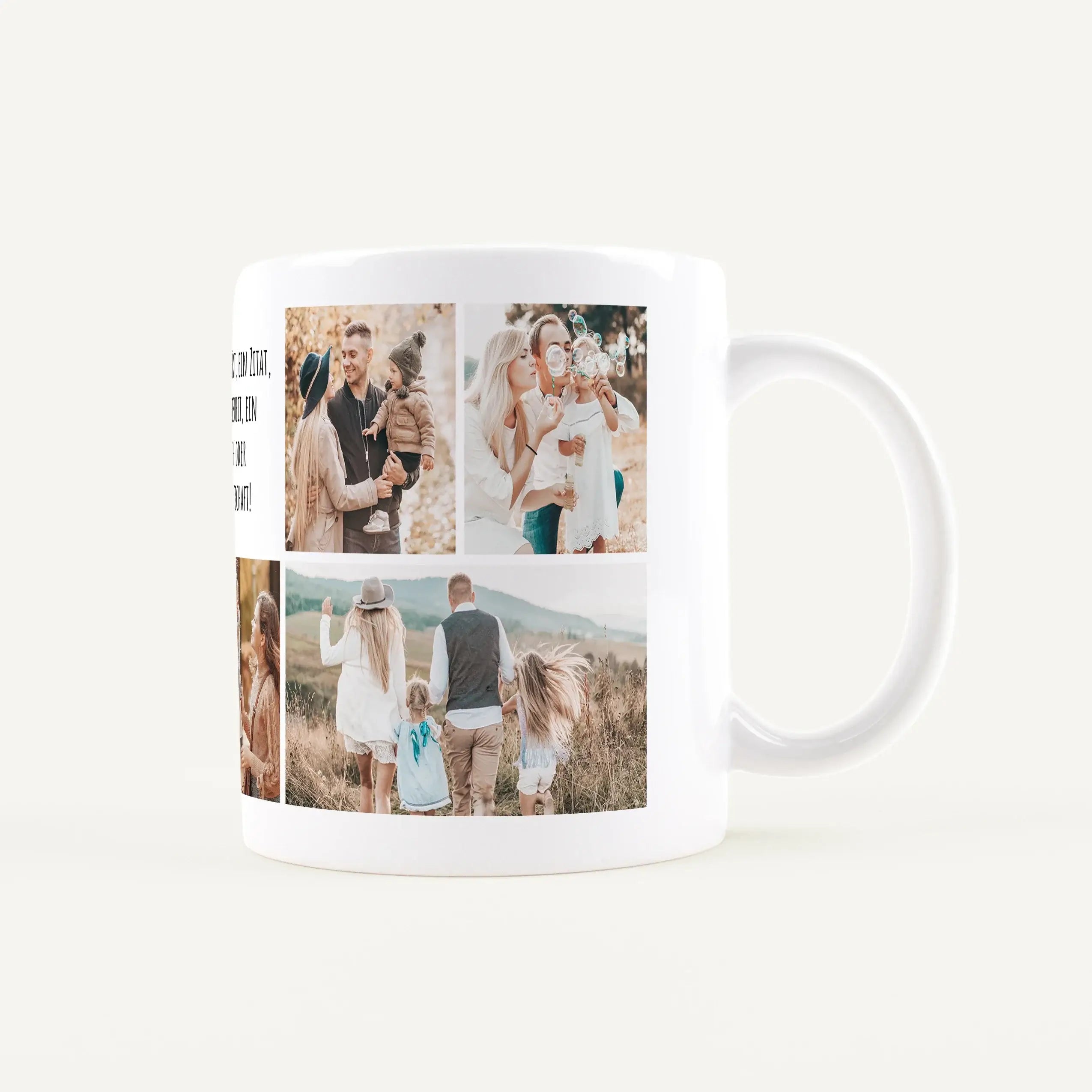 Tasse Foto Multi + Text-Keramik Tasse-famprints-Die Tasse Foto Multi + Text von famprints macht aus deinen Lieblingsmomenten ein persönliches Highlight für jeden Tag. Gestalte deine Fototasse ganz einfach mit 2 bis 8 eigenen Bildern und ergänze sie mit ei