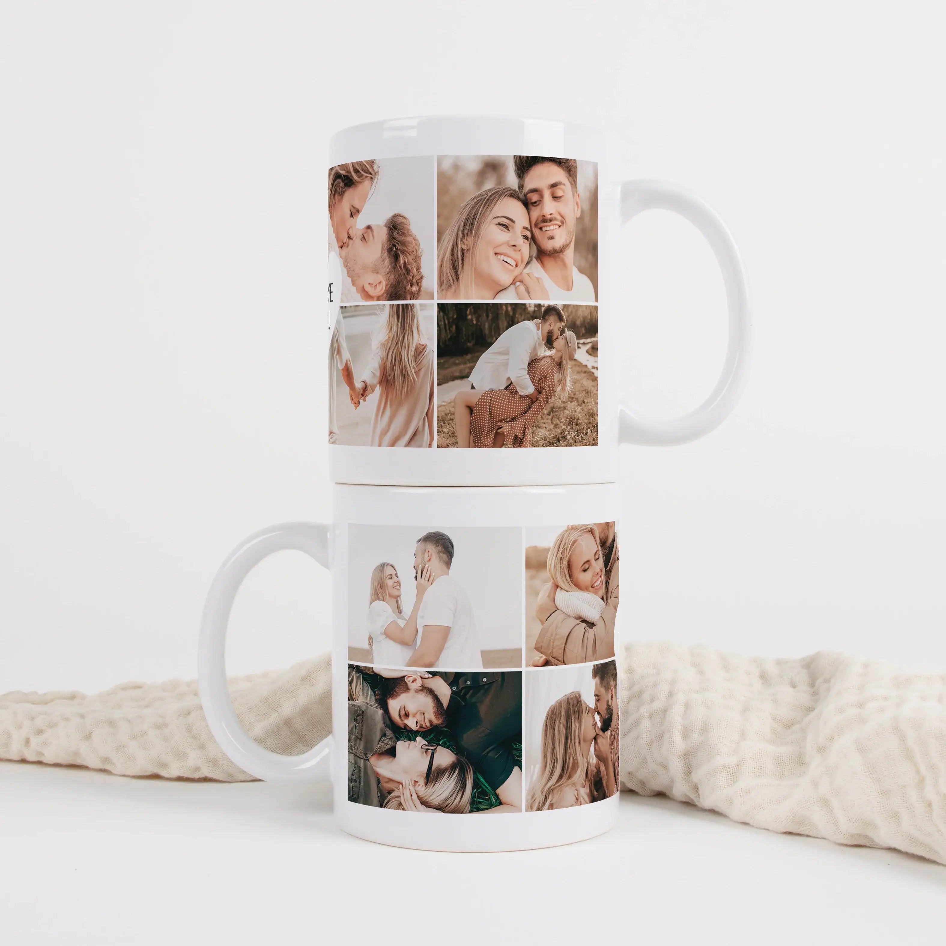Fototasse I love you-Keramik Tasse-famprints-Fototasse I love you ist die richtige Wahl, wenn du eine persönliche Tasse mit Foto suchst, die mehr zeigt als nur ein einzelnes Bild. Auf dieser Fototasse gestaltest du eine Collage aus 8 eigenen Fotos, die ei