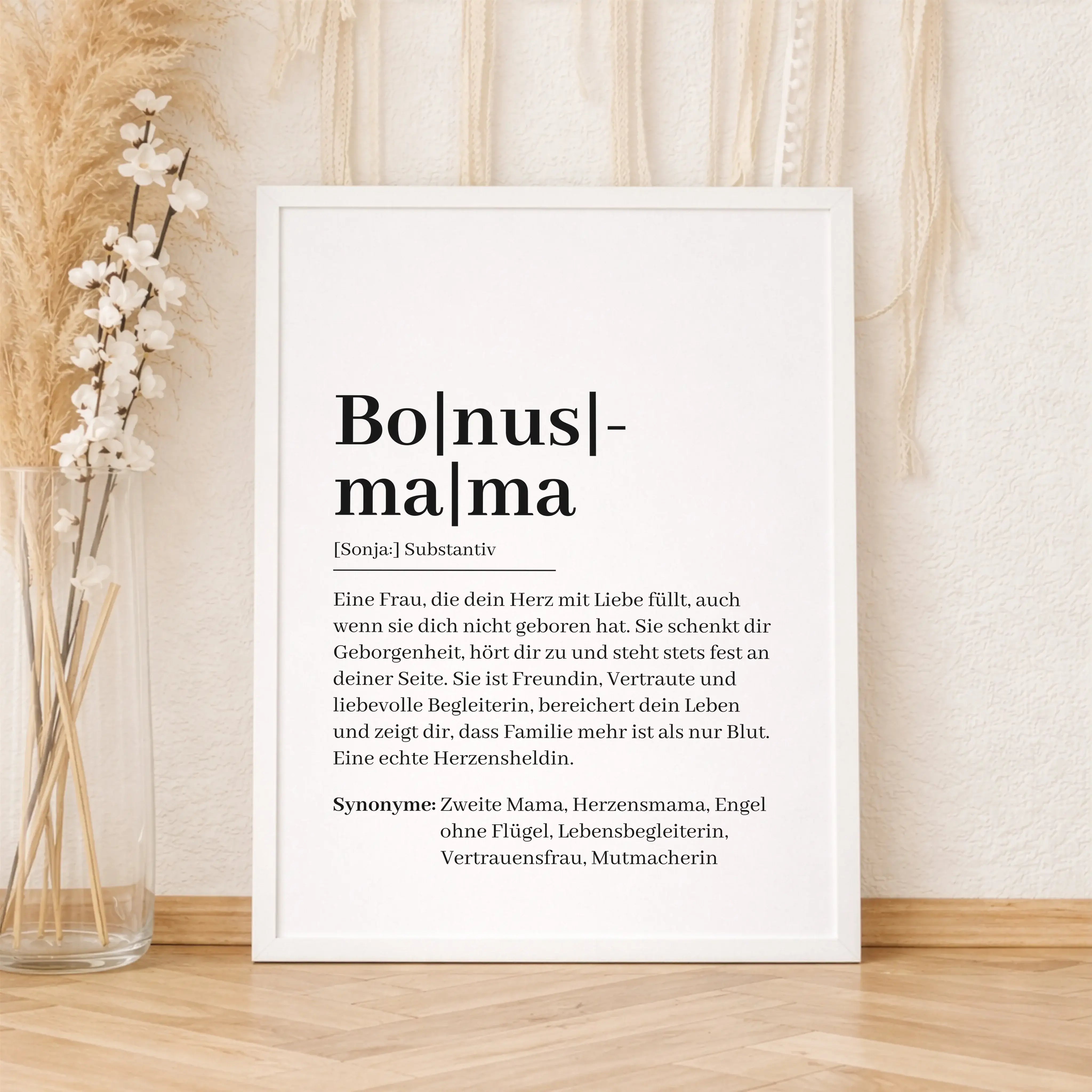 Bonusmama Definition Poster-Personalisiertes Poster-famprints-Das Bonusmama Definition Poster von famprints ist ein liebevolles Geschenk für Frauen, die Familie neu definieren. Die klare Definition bringt auf den Punkt, was eine Bonusmama ausmacht, mit We