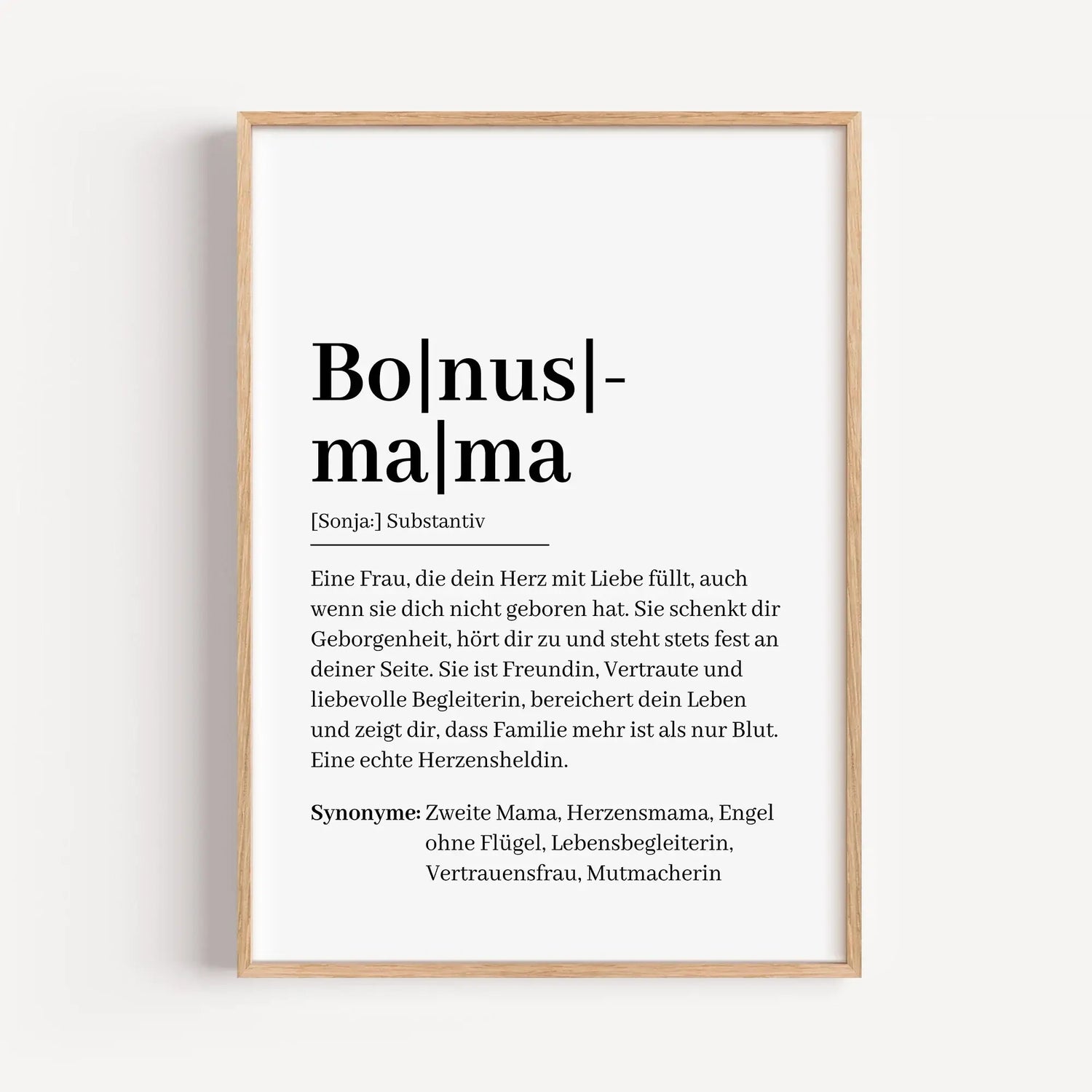 Bonusmama Definition Poster-famprints-Personalisiertes Poster-Suchst du nach einem besonderen Geschenk für deine Bonusmama? Unser Bonusmama Definition Poster ist genau das Richtige! Dieses liebevoll gestaltete Poster zeigt auf einzigartige Weise, was eine