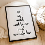 sei frech und wild und wunderbar Poster-famprints-Poster-Unser 'sei frech und wild und wunderbar' Poster beschreibt mit einem tollen Spruch welche Freiheiten ein Kind haben sollte. Der handgeschriebene Schriftzug in Schreibschrift befindet sich mittig auf