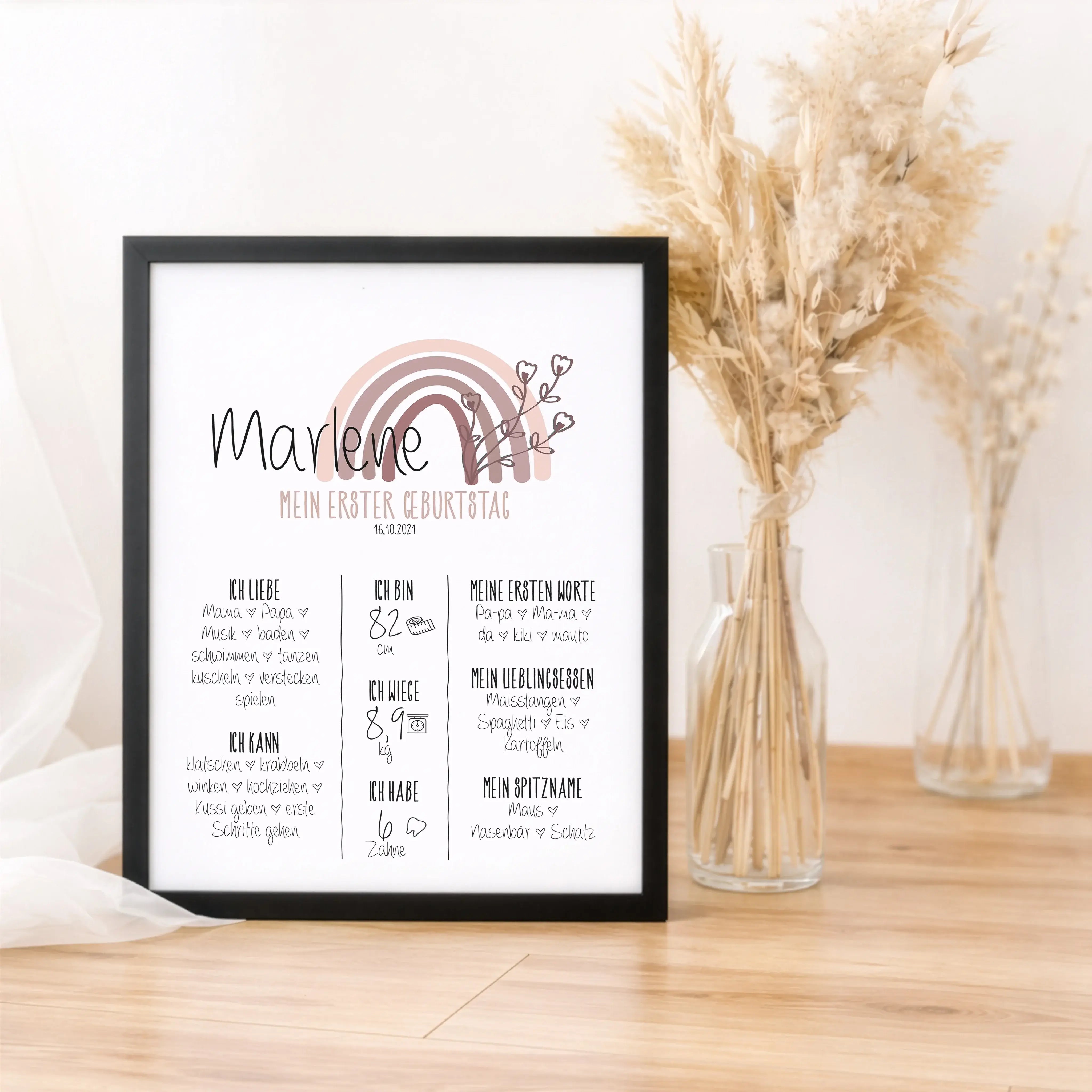 Meilensteintafel 1. Geburtstag-Personalisiertes Poster-famprints-Die Meilensteintafel 1. Geburtstag von famprints hält fest, was dein Kind im ersten Lebensjahr gelernt, geliebt und entdeckt hat. Vom ersten Wort über Lieblingsessen bis zu Größe und Gewicht