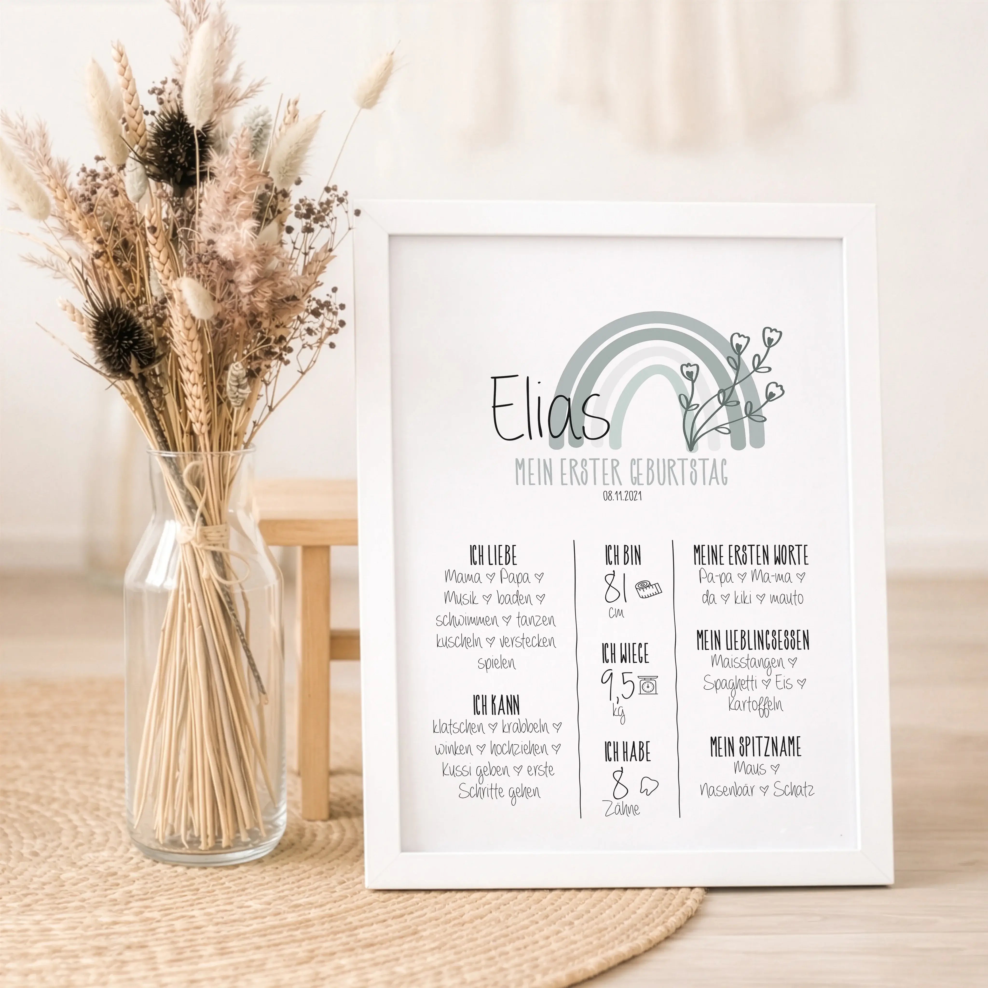 Meilensteintafel 1. Geburtstag-Personalisiertes Poster-famprints-Die Meilensteintafel 1. Geburtstag von famprints hält fest, was dein Kind im ersten Lebensjahr gelernt, geliebt und entdeckt hat. Vom ersten Wort über Lieblingsessen bis zu Größe und Gewicht