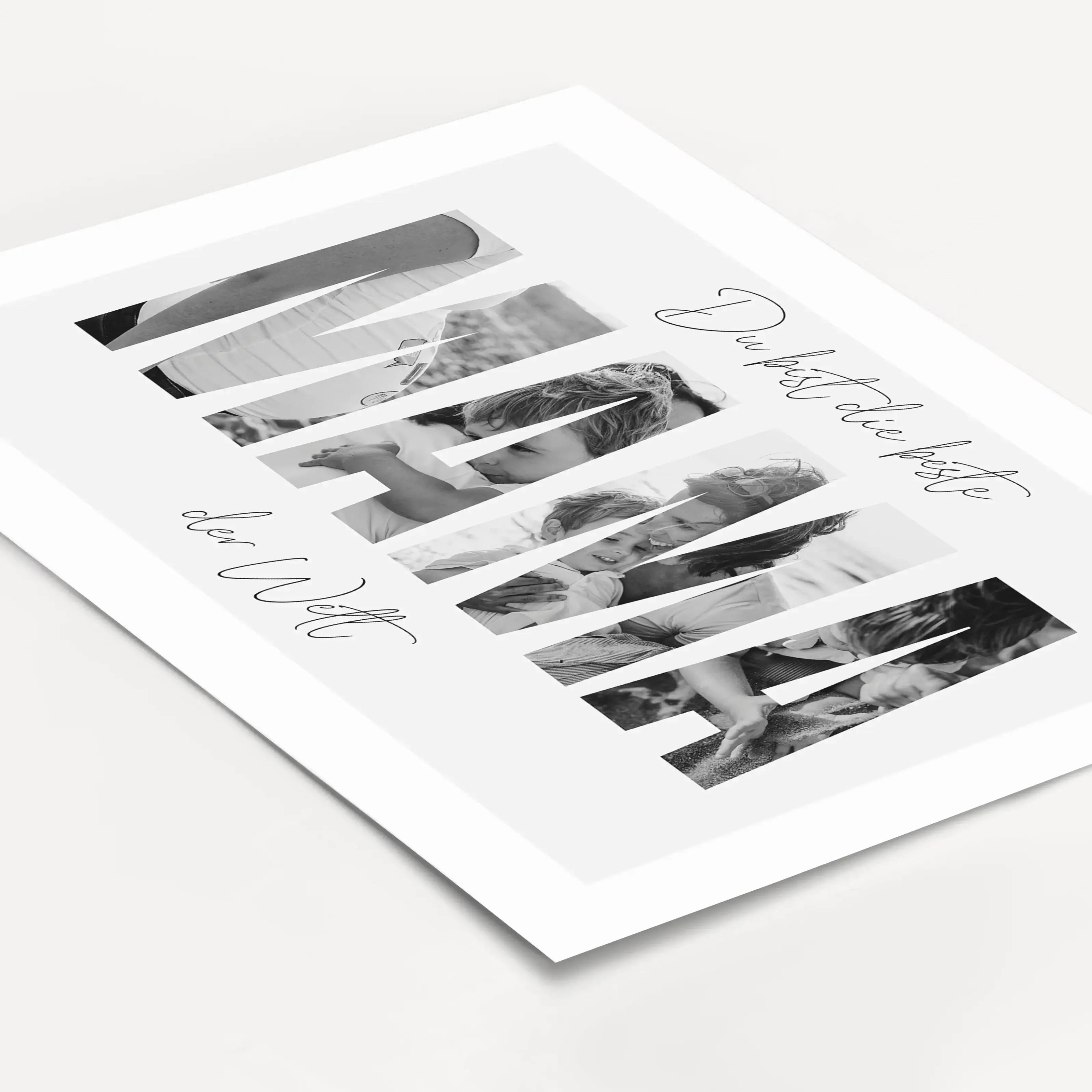 Beste Mama Poster-famprints-Personalisiertes Poster-Das Beste Mama Poster ist das ideale Geschenk für alle Mütter. Mit dieser Fotocollage in Form von dicken Buchstaben, die den Text "Mama" bilden, können bis zu vier persönliche Fotos eingefügt werden. Der