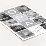 Fotocollage Opa Poster-famprints-Personalisiertes Poster-Auf der Fotocollage Opa findest du mittig, vertikal das Wort Opa, jeweils ein Buchstabe in einem farblichen Quadrat und darunter den personalisierbaren Schriftzug 'Wir haben dich lieb!'. Gesamt kann