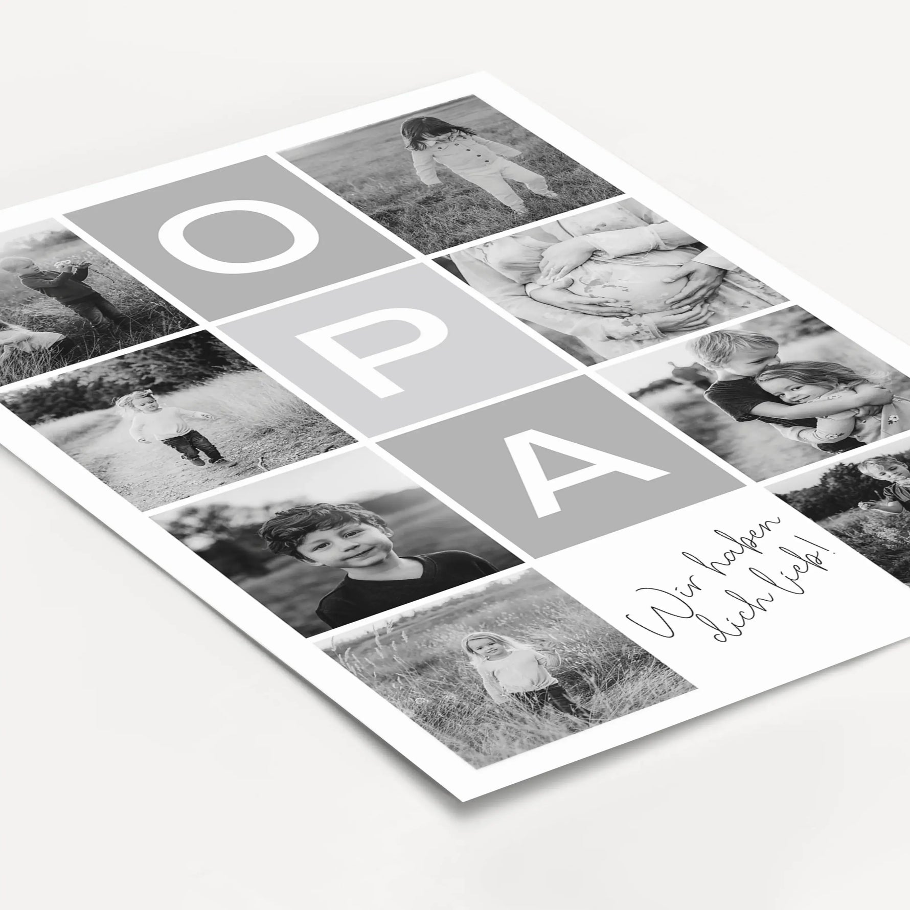 Fotocollage Opa Poster-famprints-Personalisiertes Poster-Auf der Fotocollage Opa findest du mittig, vertikal das Wort Opa, jeweils ein Buchstabe in einem farblichen Quadrat und darunter den personalisierbaren Schriftzug 'Wir haben dich lieb!'. Gesamt kann