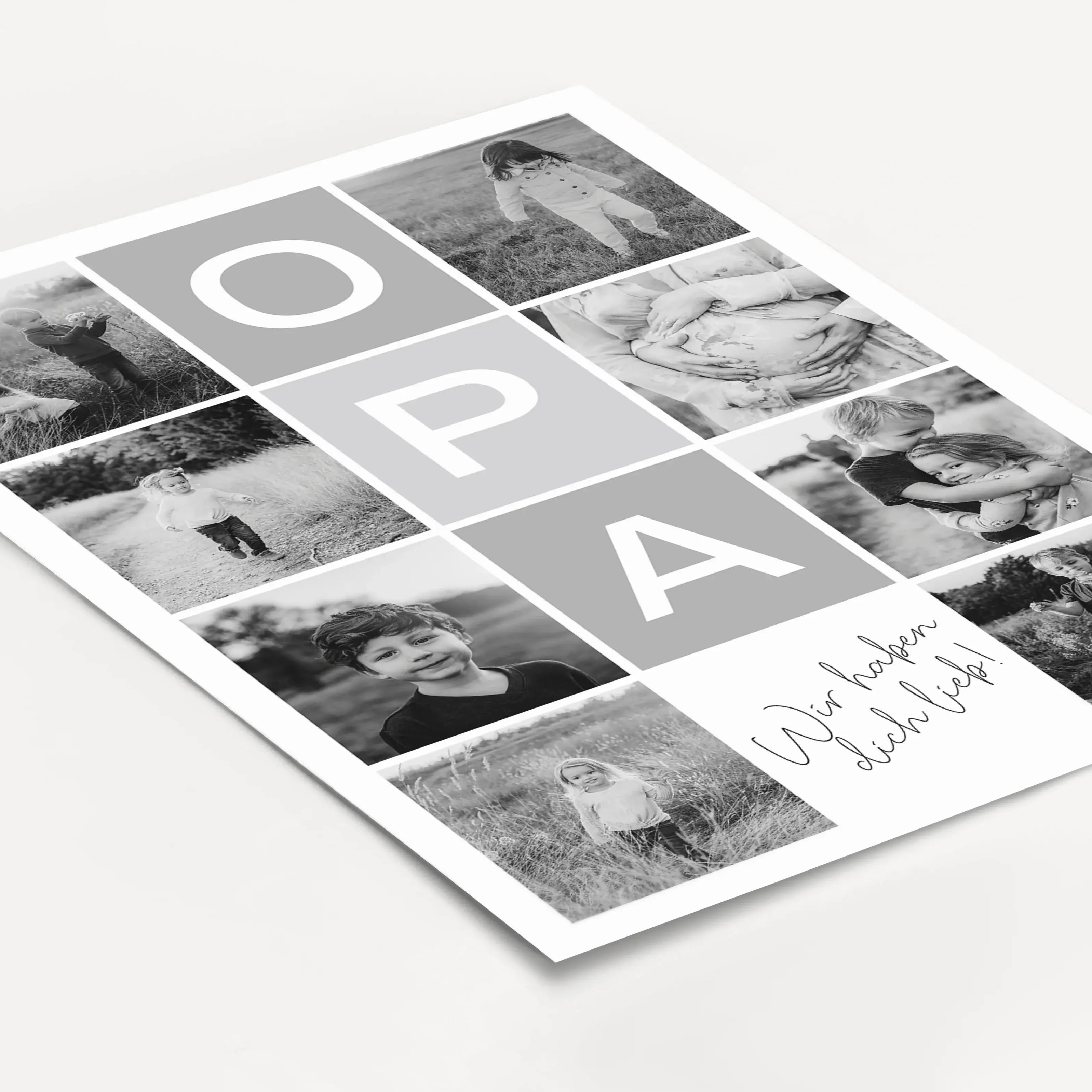 Fotocollage Opa Poster-Personalisiertes Poster-famprints-Die Fotocollage Opa Poster von famprints ist ein persönliches Geschenk für Großväter, das echte Erinnerungen sichtbar macht. Im Mittelpunkt steht das Wort Opa, modern gestaltet und umgeben von deine