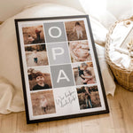 Fotocollage Opa Poster-famprints-Personalisiertes Poster-Auf der Fotocollage Opa findest du mittig, vertikal das Wort Opa, jeweils ein Buchstabe in einem farblichen Quadrat und darunter den personalisierbaren Schriftzug 'Wir haben dich lieb!'. Gesamt kann