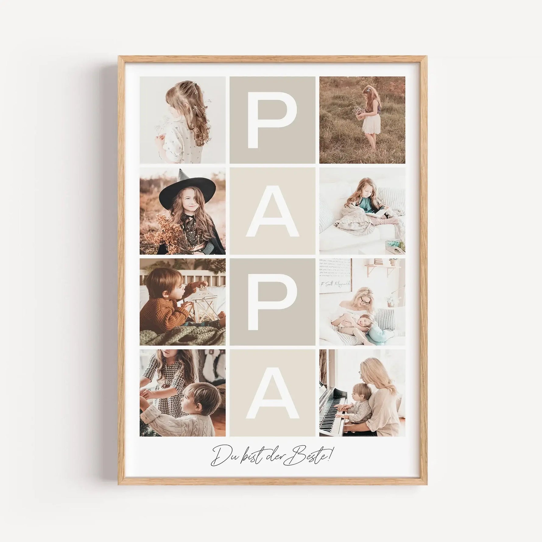 Fotocollage Papa Poster-famprints-Personalisiertes Poster-Auf der Fotocollage Papa findest du mittig, vertikal das Wort Papa, jeweils ein Buchstabe in einem farblichen Quadrat und darunter den personalisierbaren Schriftzug 'Du bist der Beste!'. Gesamt kan