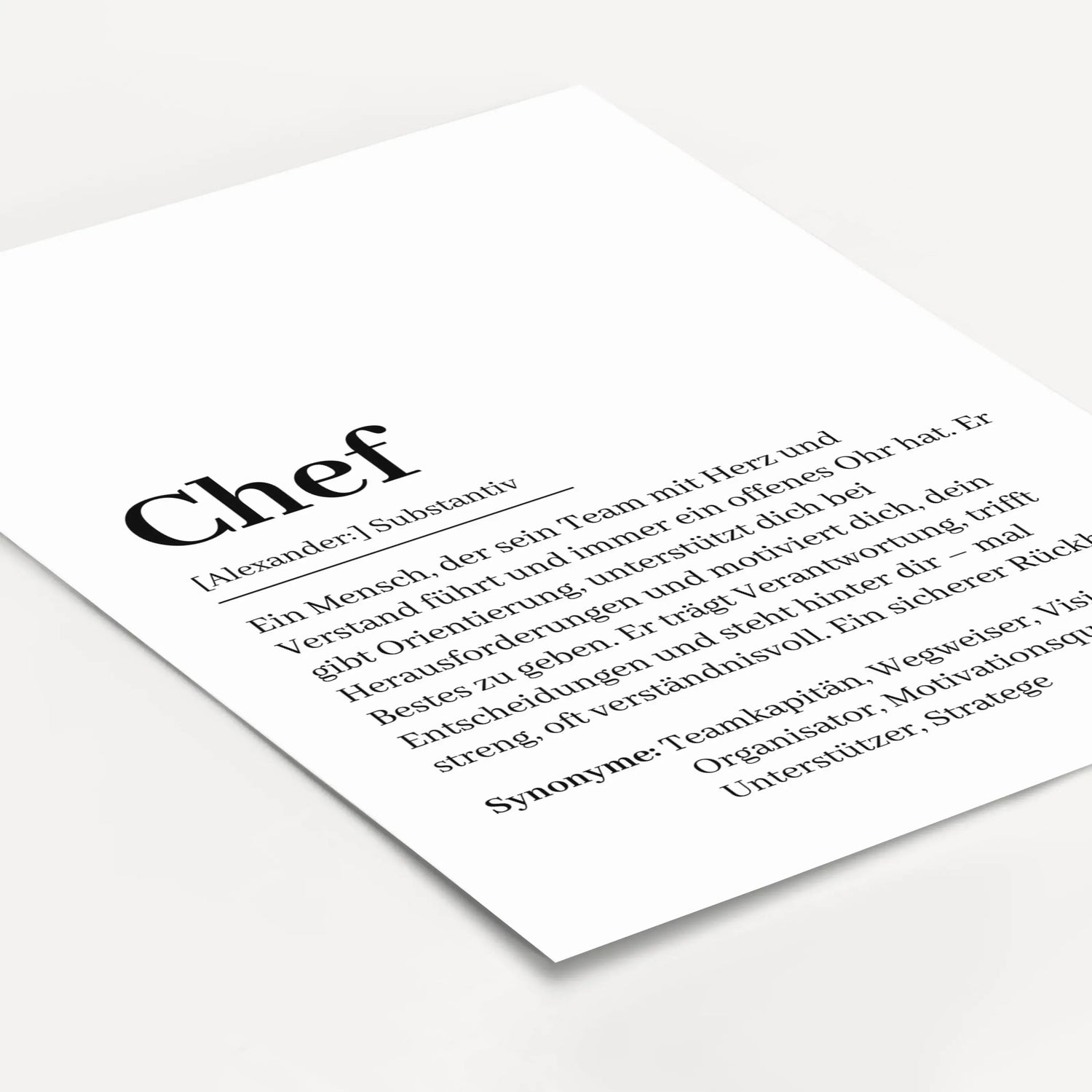 Chef Definition Poster-Personalisiertes Poster-famprints-Suchst du ein besonderes Geschenk für deinen Chef? Unser Chef Definition Poster ist die perfekte Wahl! Dieses liebevoll gestaltete Poster zeigt auf humorvolle und wertschätzende Weise, wie ein echte