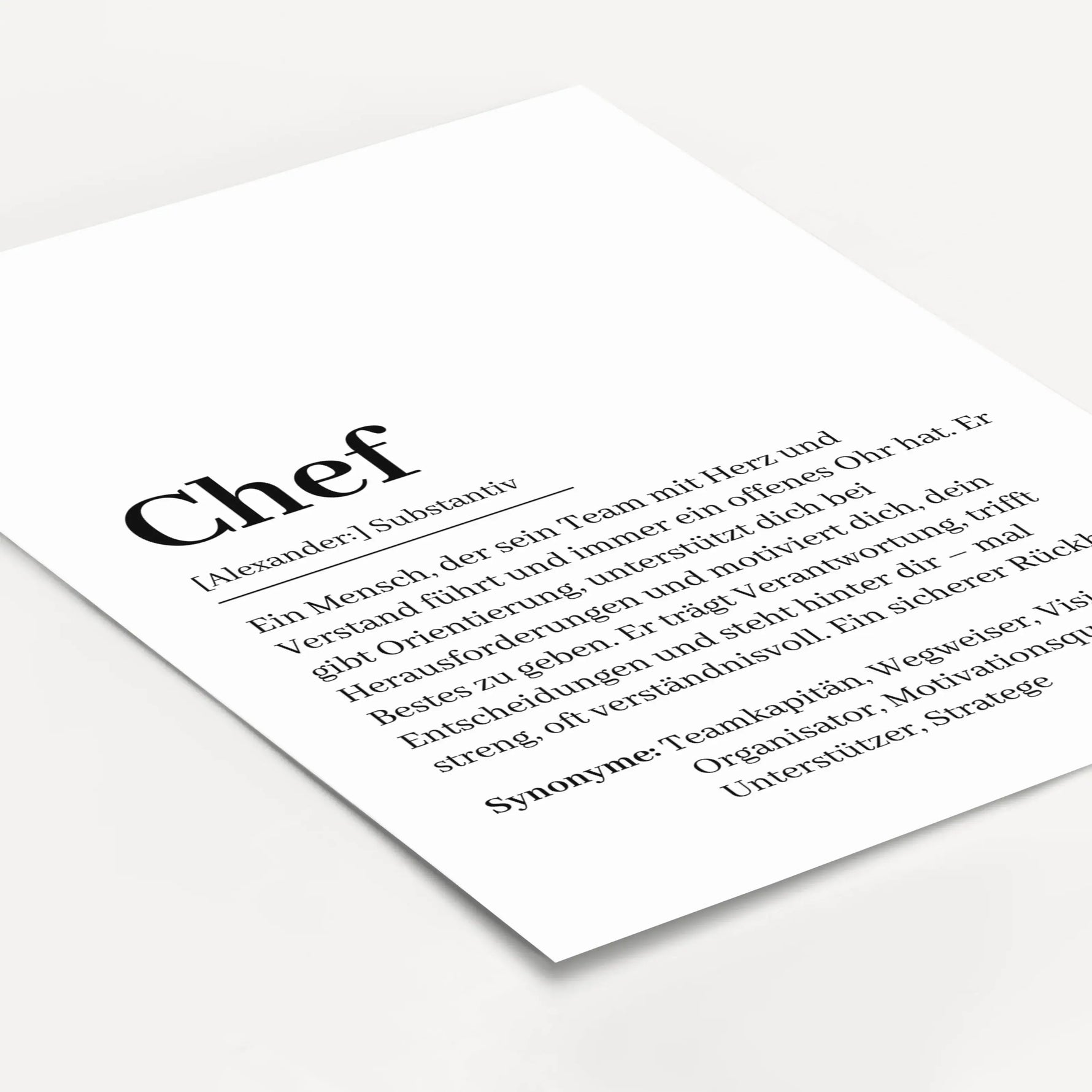 Chef Definition Poster-Personalisiertes Poster-famprints-Suchst du ein besonderes Geschenk für deinen Chef? Unser Chef Definition Poster ist die perfekte Wahl! Dieses liebevoll gestaltete Poster zeigt auf humorvolle und wertschätzende Weise, wie ein echte