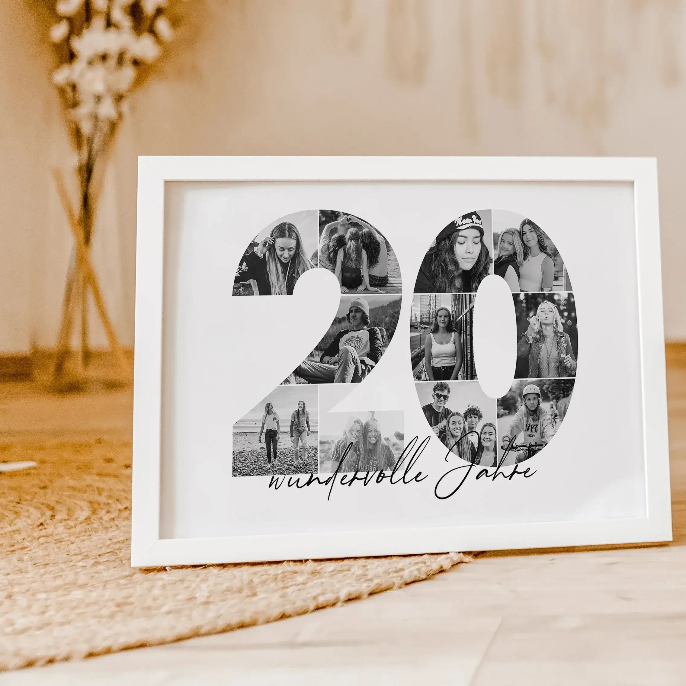 Foto Poster 20 Jahre - Personalisiertes Poster - famprints - Feiere besondere Momente mit unserem einzigartigen Foto Poster 20 – das perfekte personalisierte Geschenk für Geburtstage, Hochzeitstage oder Jubiläen! Die große Zahl „20“ auf dem Poster kannst