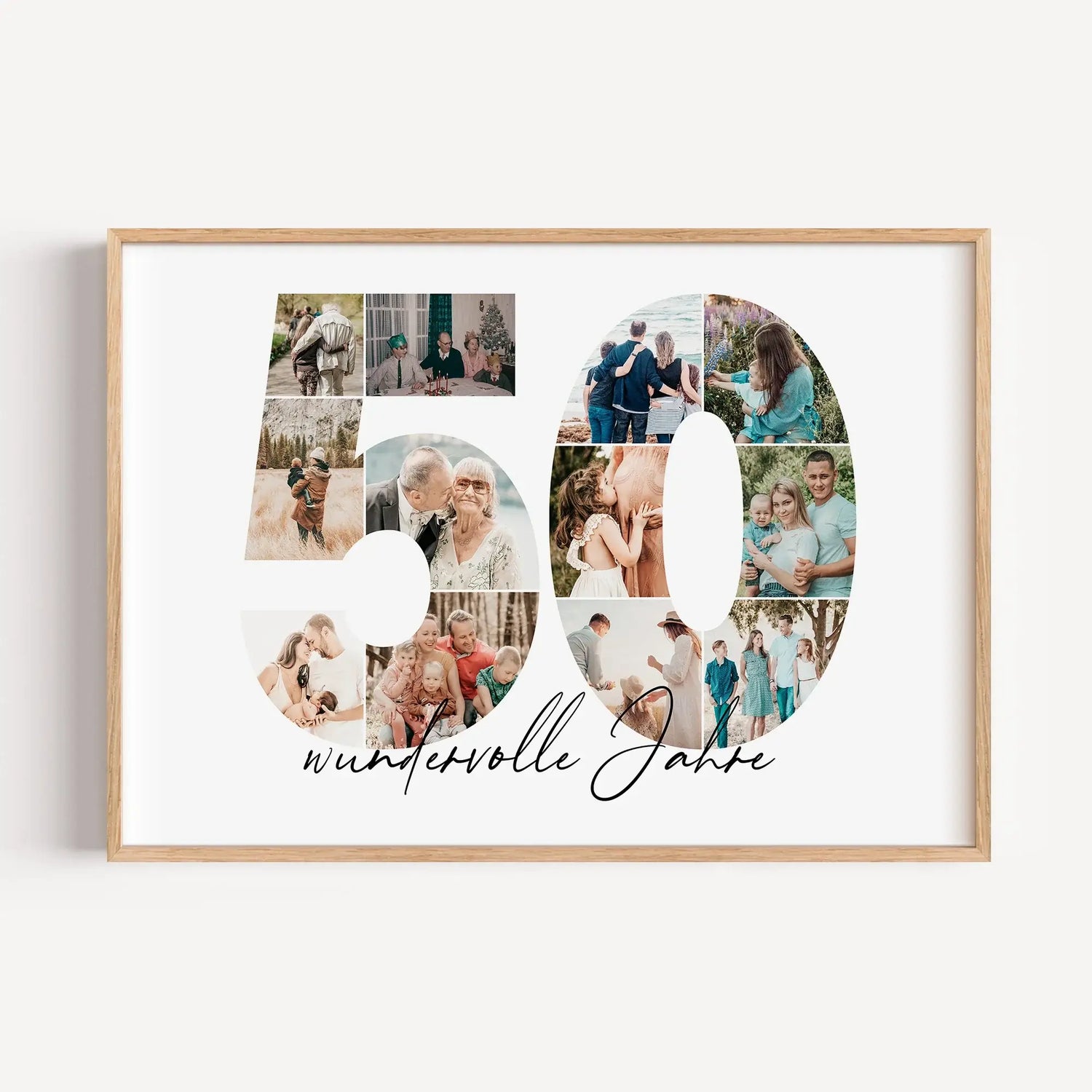 Foto Poster 50 Jahre - Personalisiertes Poster - famprints - Feiere besondere Momente mit unserem einzigartigen Foto Poster 50! Dieses hochwertige Fotoposter zeigt die Zahl 50, die du mit deinen persönlichen Fotos individuell gestalten kannst. So entsteht