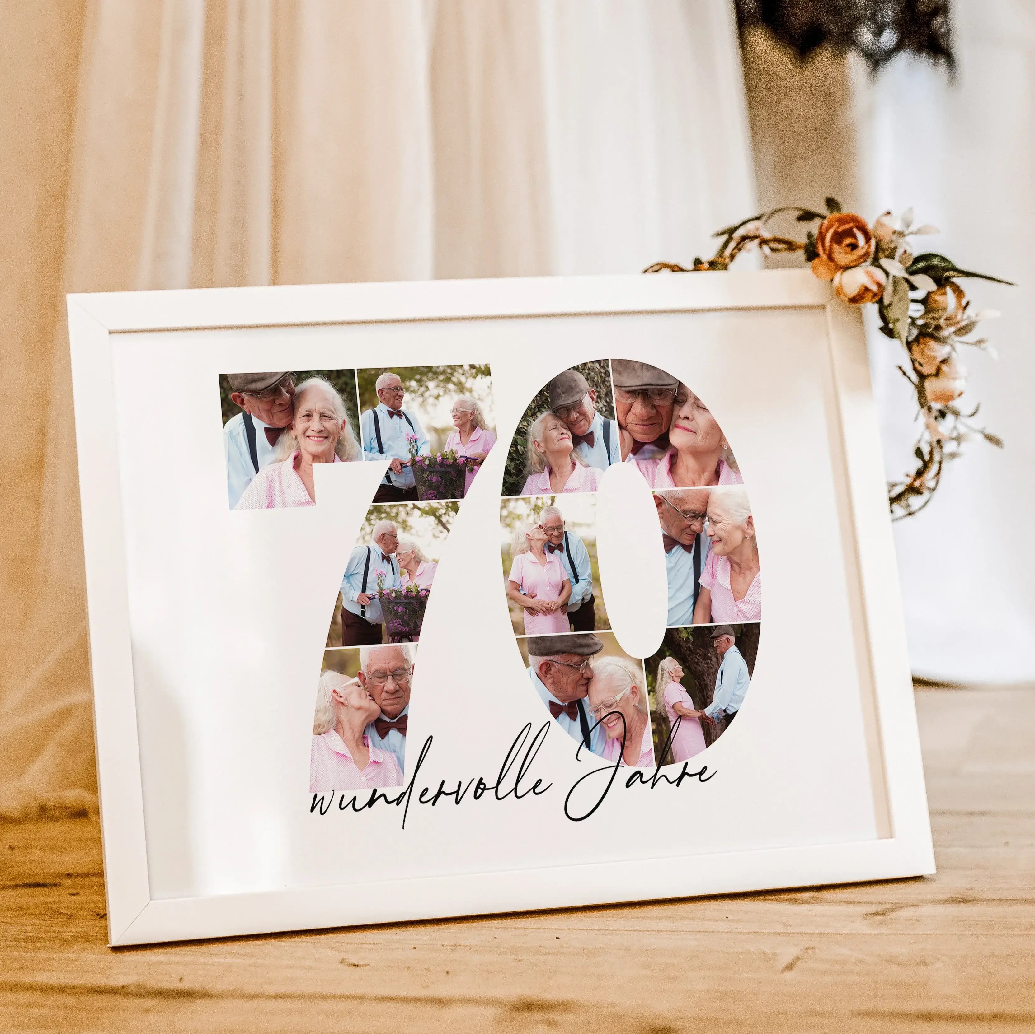 Foto Poster 70 Jahre - Personalisiertes Poster - famprints - Feiere besondere Momente mit unserem einzigartigen Foto Poster 70! Dieses personalisierte Poster zeigt die Zahl 70, hinterlegt mit deinen liebsten Fotos – so entsteht eine wunderschöne Fotocolla