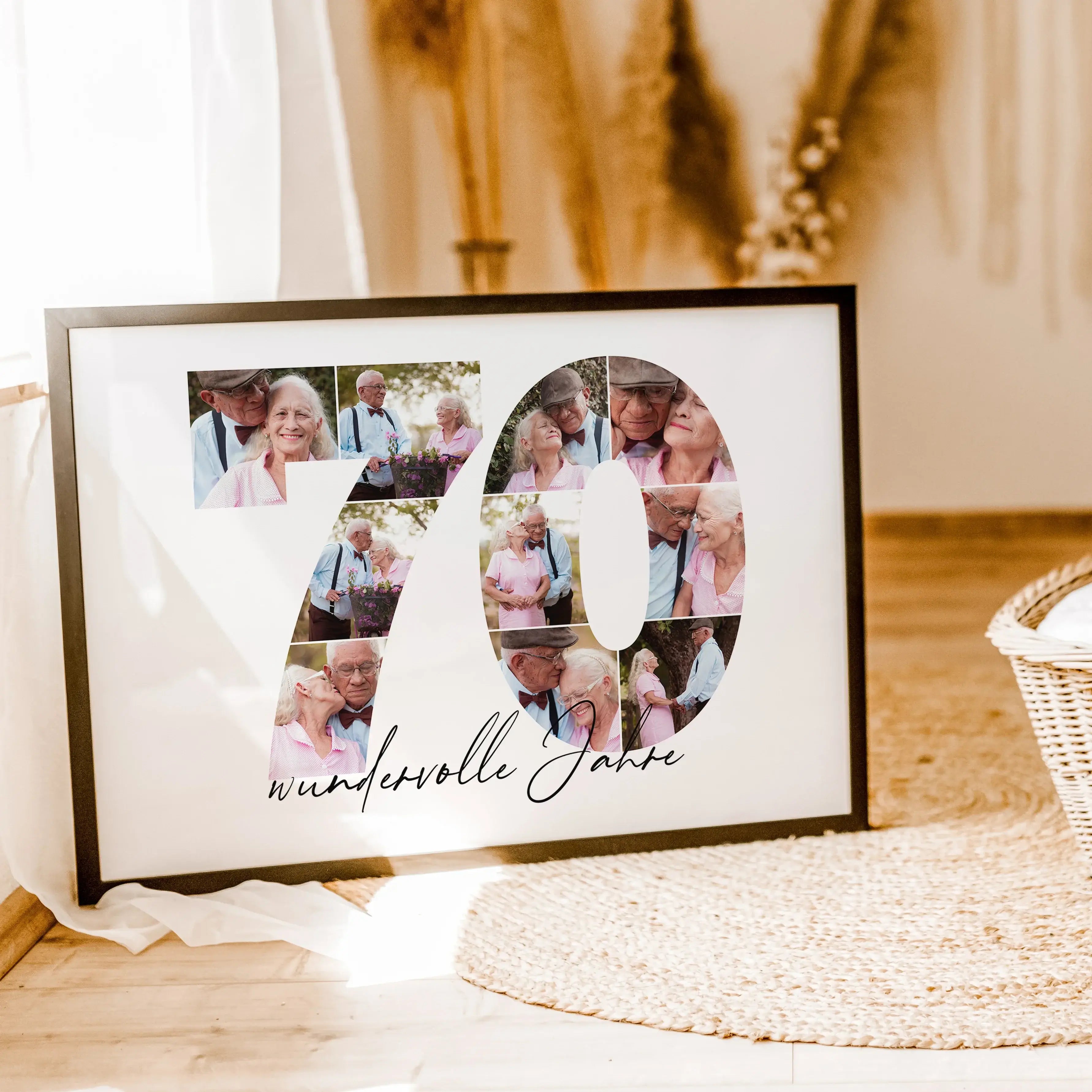 Foto Poster 70 Jahre - Personalisiertes Poster - famprints - Feiere besondere Momente mit unserem einzigartigen Foto Poster 70! Dieses personalisierte Poster zeigt die Zahl 70, hinterlegt mit deinen liebsten Fotos – so entsteht eine wunderschöne Fotocolla