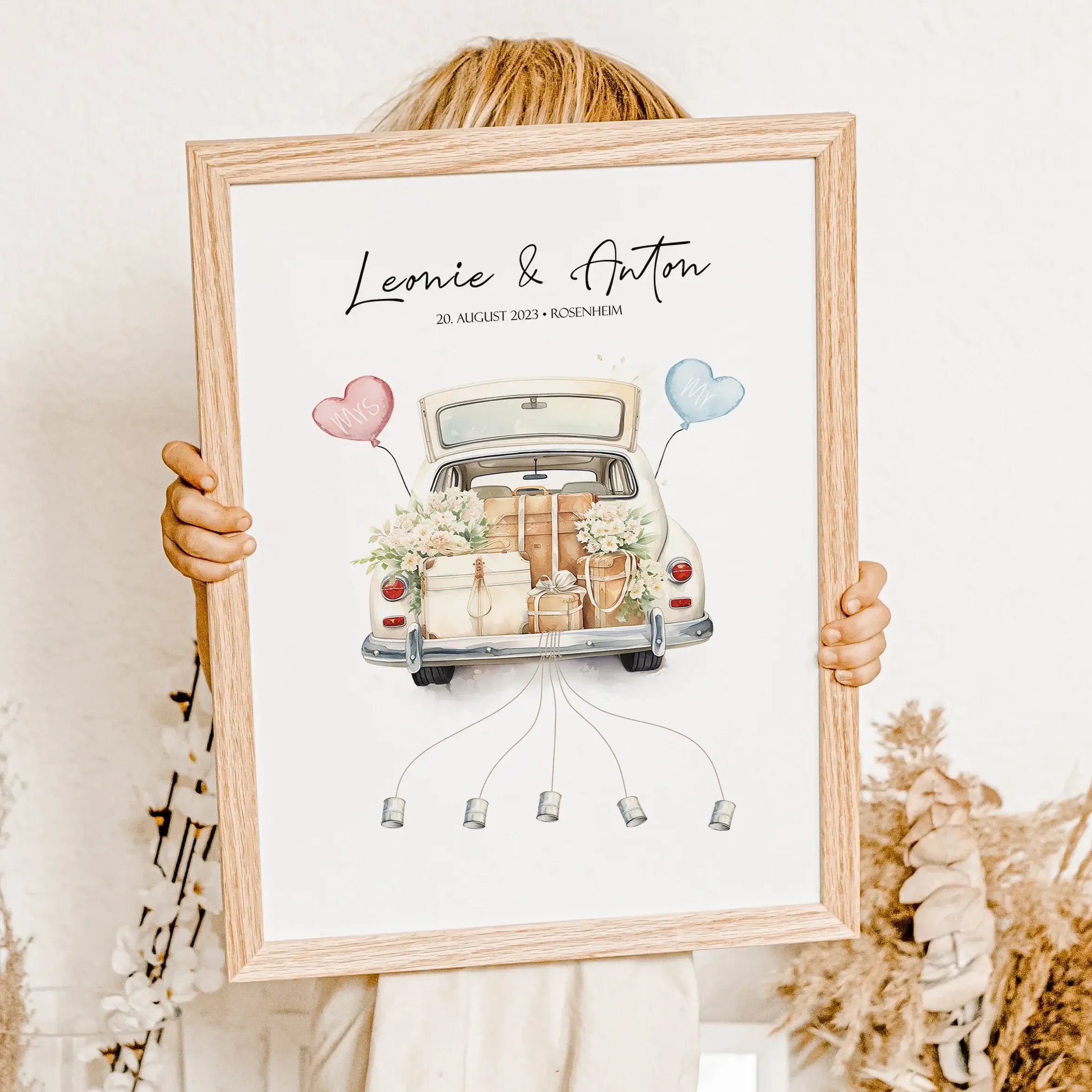 Wedding Car Poster - Personalisiertes Poster - famprints - Suchst du nach einem originellen und persönlichen Geschenk zur Hochzeit? Unser Wedding Car Poster ist die perfekte Idee, um dem Brautpaar eine besondere Freude zu machen! Das Poster zeigt ein lieb