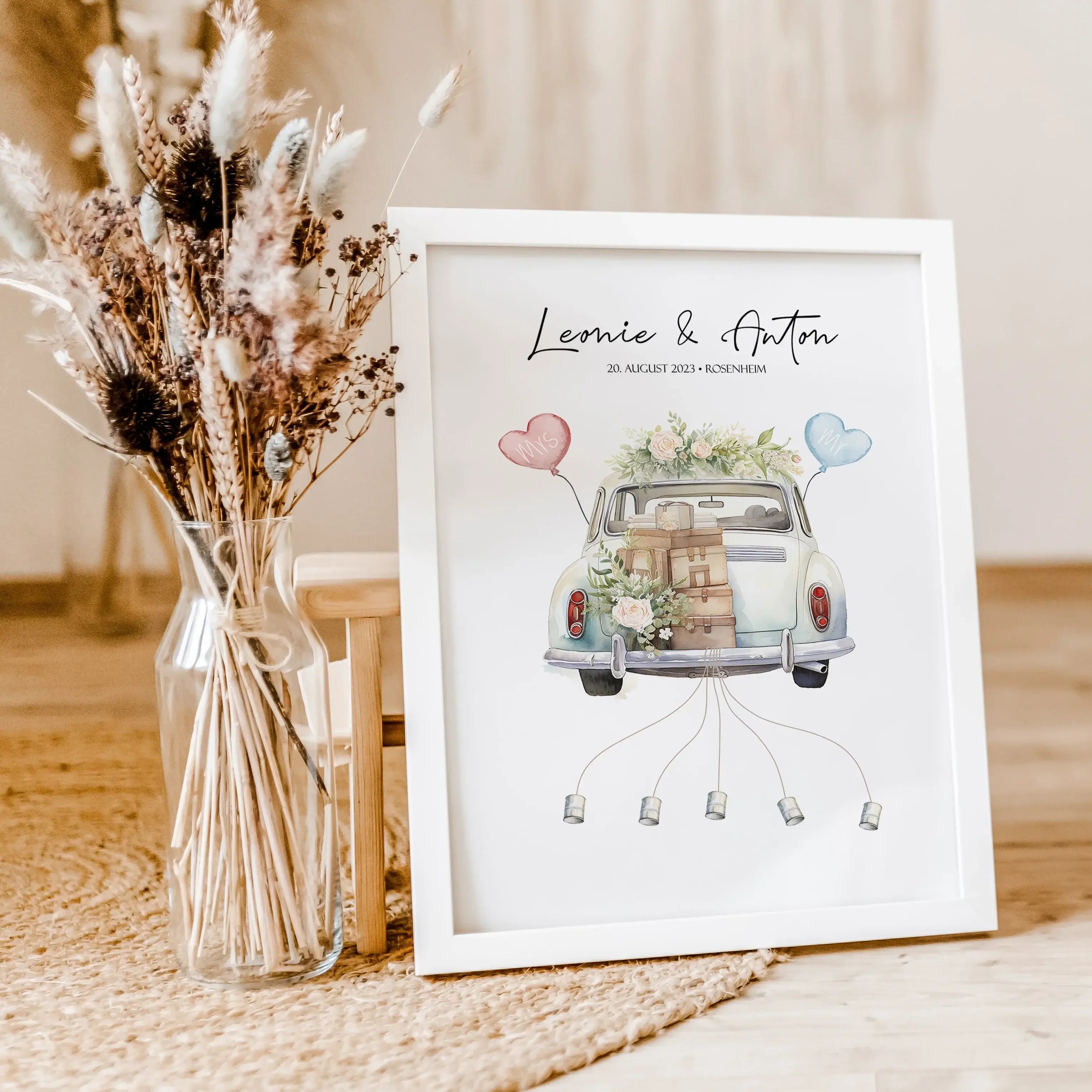 Wedding Car Poster - Personalisiertes Poster - famprints - Suchst du nach einem originellen und persönlichen Geschenk zur Hochzeit? Unser Wedding Car Poster ist die perfekte Idee, um dem Brautpaar eine besondere Freude zu machen! Das Poster zeigt ein lieb