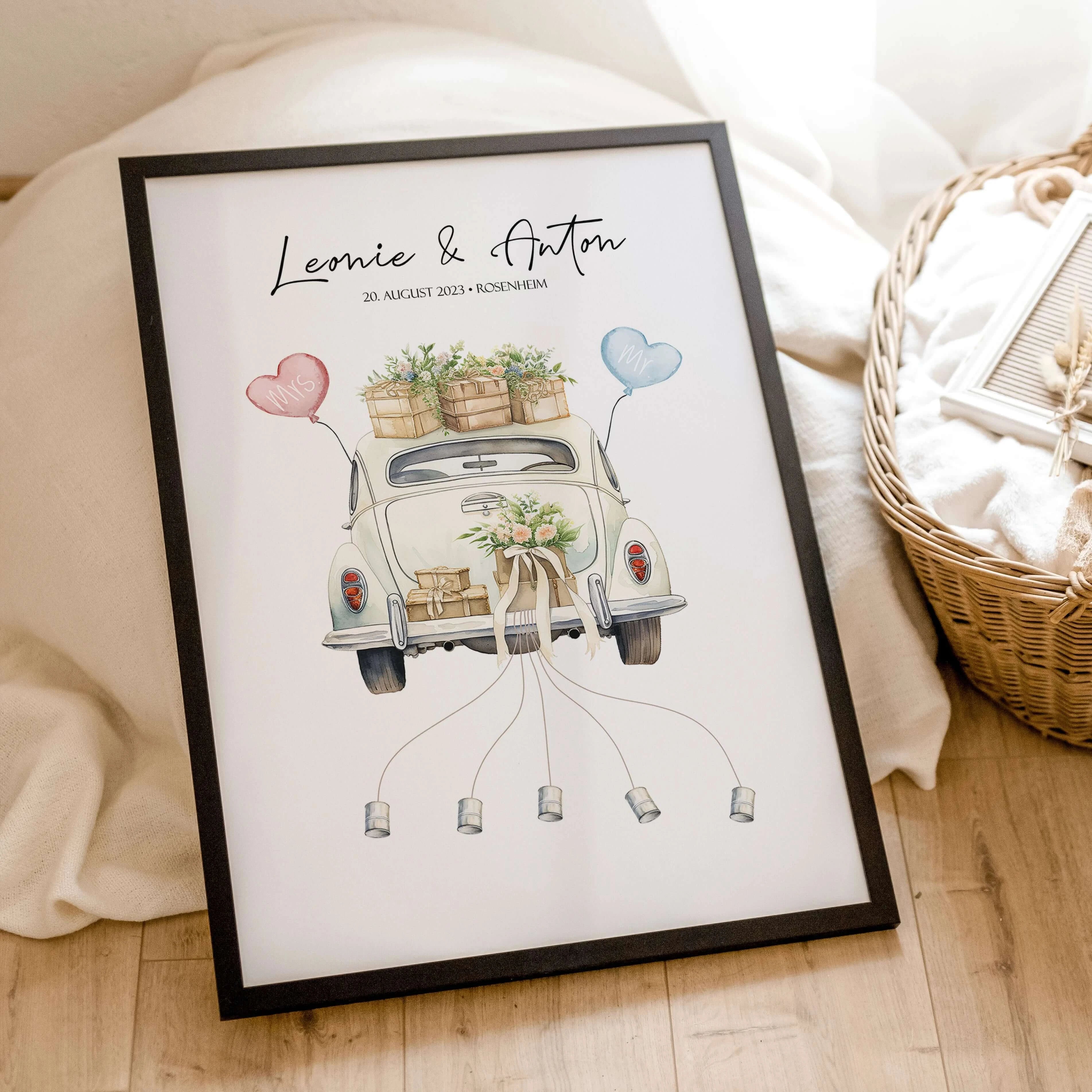 Wedding Car Poster - Personalisiertes Poster - famprints - Suchst du nach einem originellen und persönlichen Geschenk zur Hochzeit? Unser Wedding Car Poster ist die perfekte Idee, um dem Brautpaar eine besondere Freude zu machen! Das Poster zeigt ein lieb