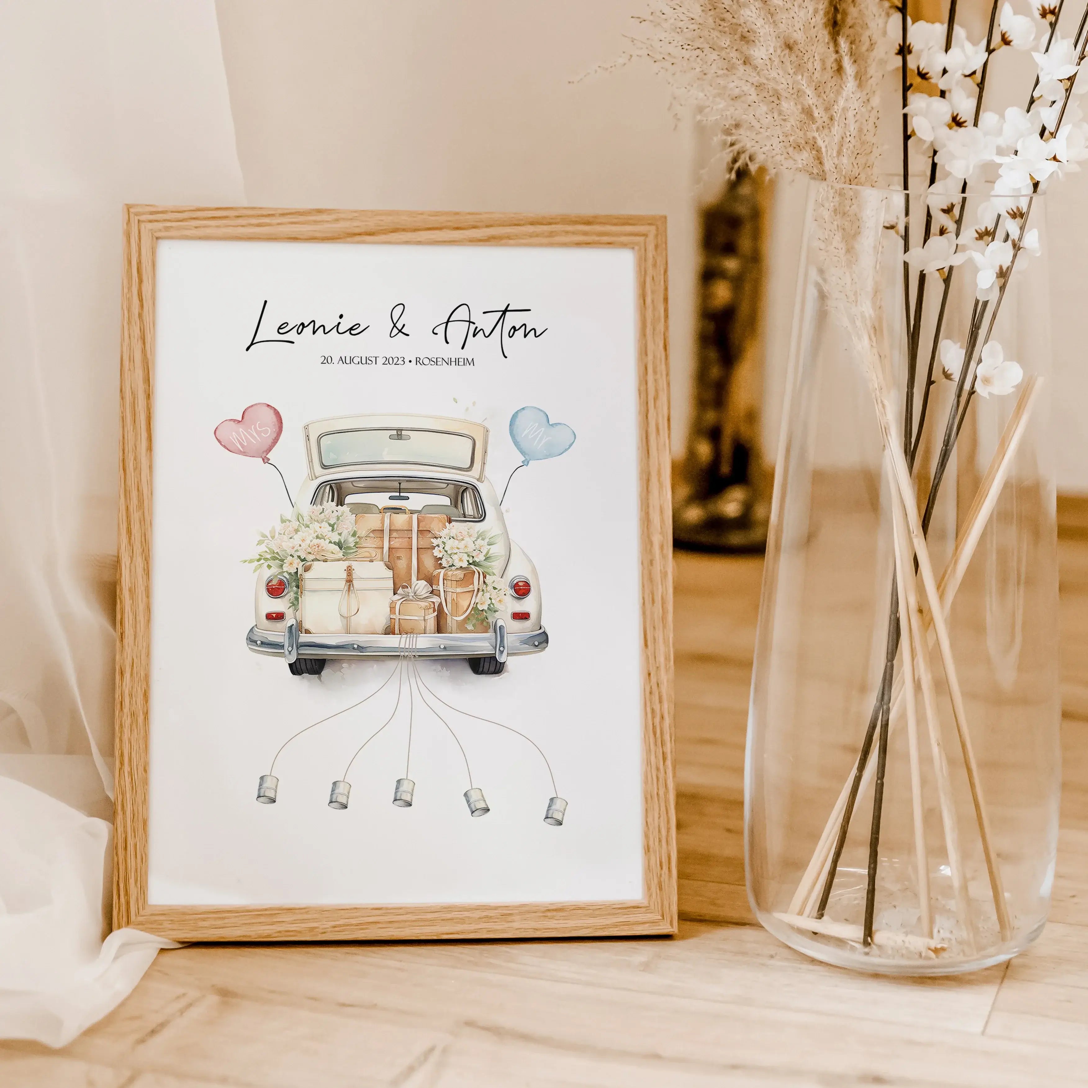 Wedding Car Poster - Personalisiertes Poster - famprints - Suchst du nach einem originellen und persönlichen Geschenk zur Hochzeit? Unser Wedding Car Poster ist die perfekte Idee, um dem Brautpaar eine besondere Freude zu machen! Das Poster zeigt ein lieb