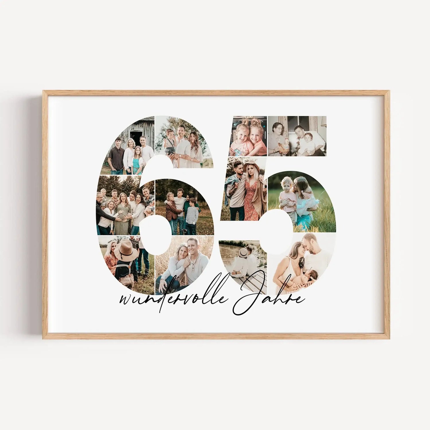 Foto Poster 65 Jahre - Personalisiertes Poster - famprints - Feiere besondere Momente mit unserem einzigartigen Foto Poster 65! Dieses personalisierte Poster zeigt die Zahl 65, hinterlegt mit deinen liebsten Fotos, die eine wunderschöne Fotocollage ergebe