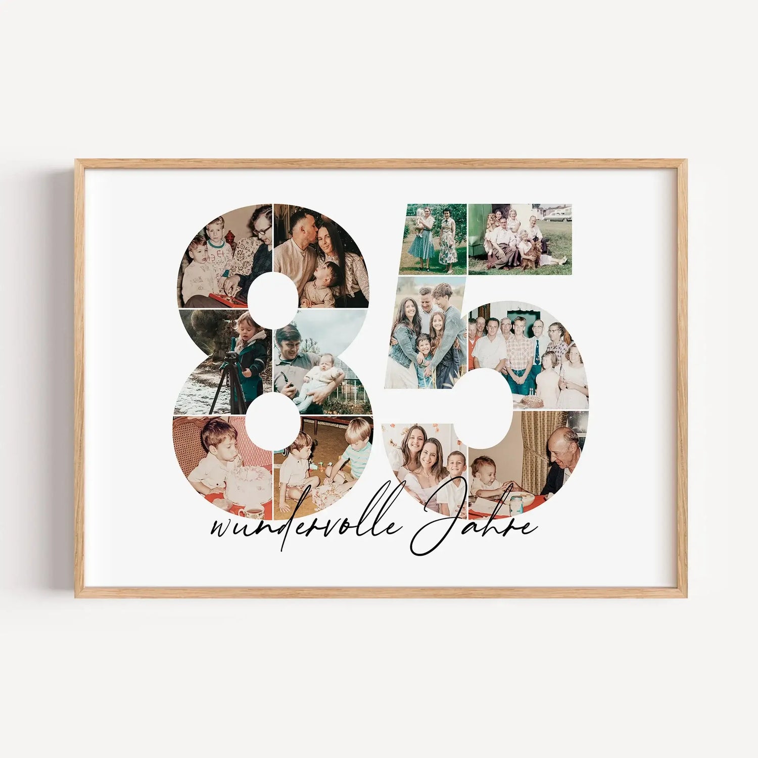Foto Poster 85 Jahre - Personalisiertes Poster - famprints - Feiere besondere Momente mit unserem einzigartigen Foto Poster 85! Dieses personalisierte Poster zeigt die Zahl 85, die du mit deinen liebsten Fotos hinterlegen kannst – so entsteht eine individ