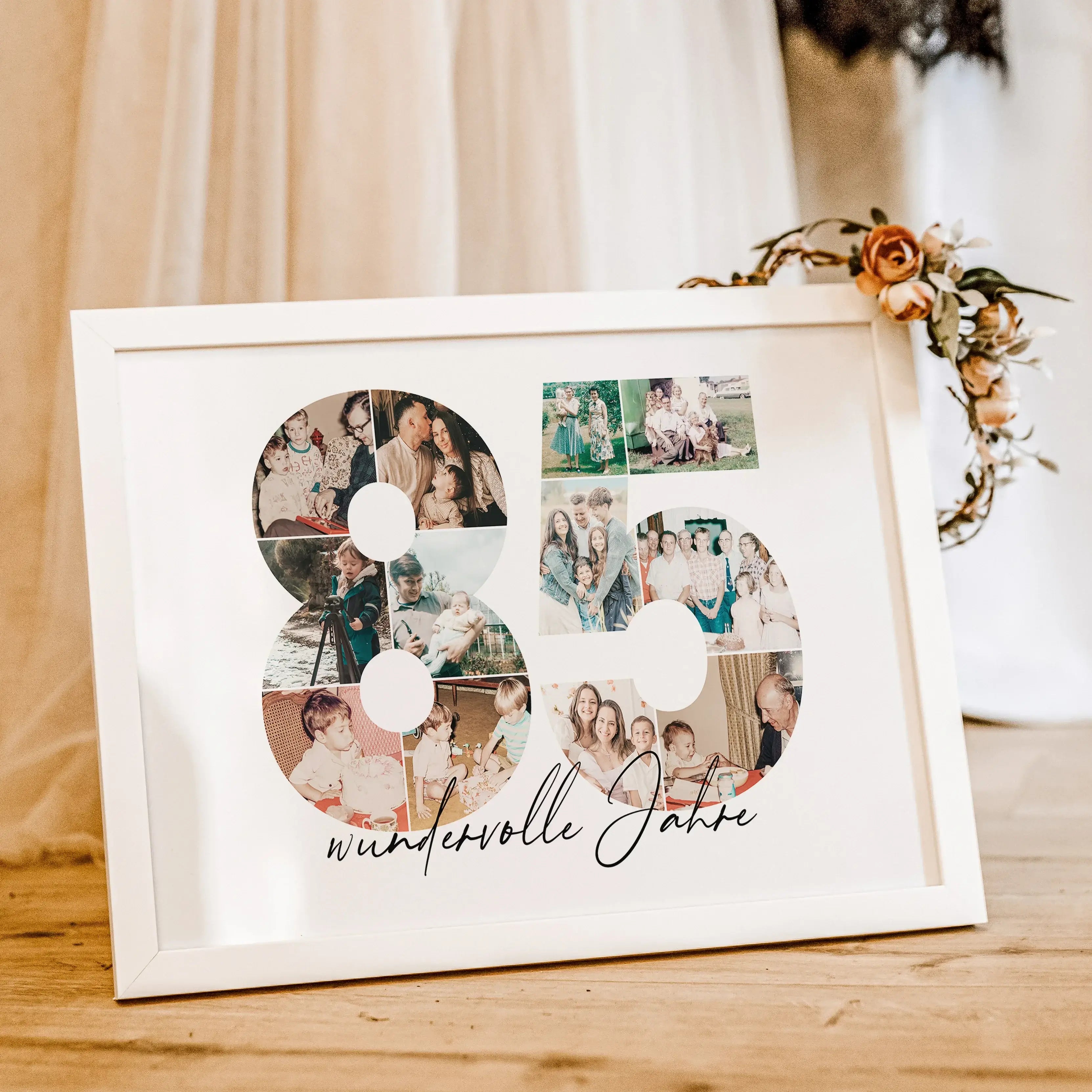 Foto Poster 85 Jahre - Personalisiertes Poster - famprints - Feiere besondere Momente mit unserem einzigartigen Foto Poster 85! Dieses personalisierte Poster zeigt die Zahl 85, die du mit deinen liebsten Fotos hinterlegen kannst – so entsteht eine individ
