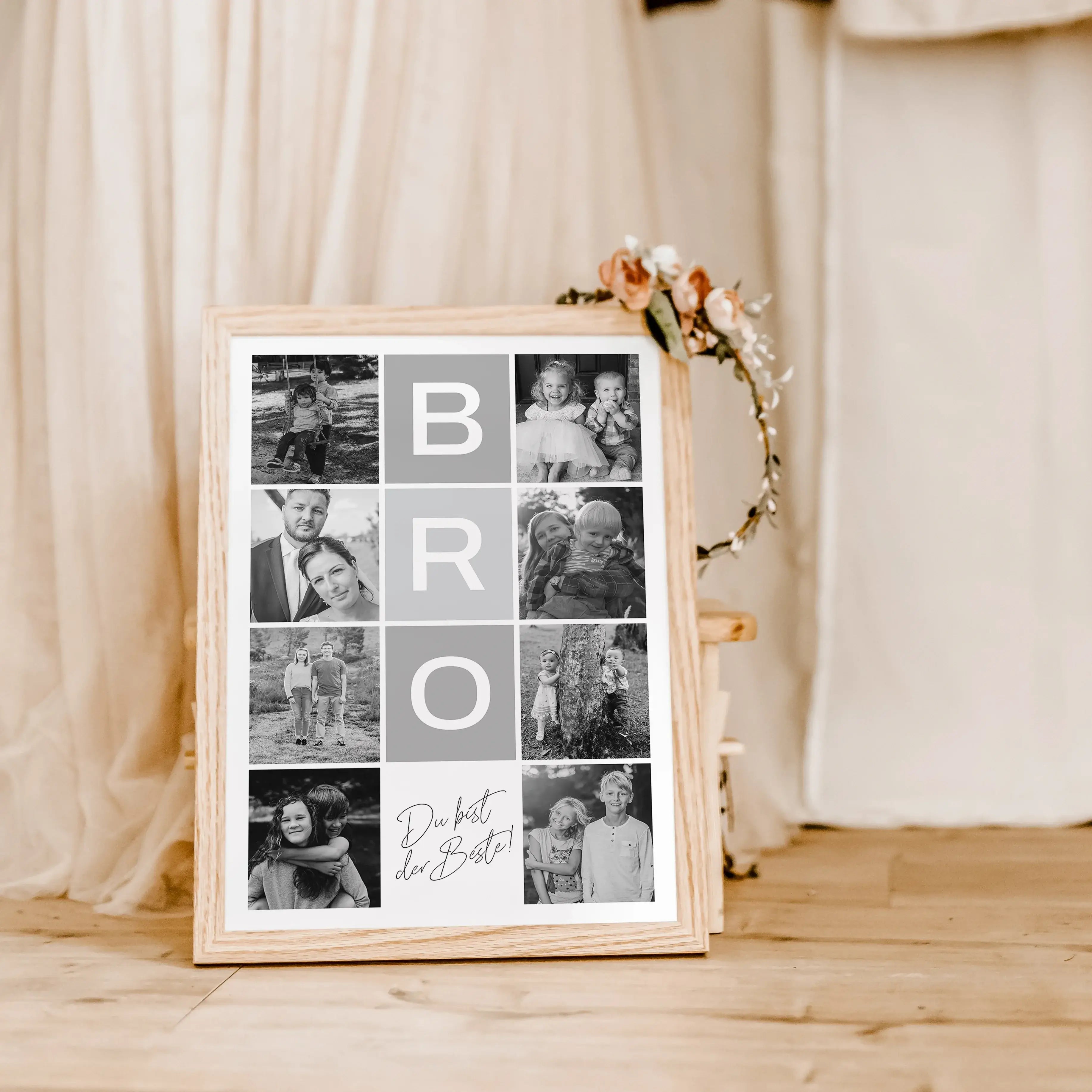 Bro Fotocollage - Personalisiertes Poster - famprints - Suchst du nach einem einzigartigen Geschenk für deinen Bruder? Die Bro Fotocollage ist die perfekte Wahl! Dieses personalisierte Poster kannst du mit bis zu 8 Fotos gestalten und so eure schönsten ge