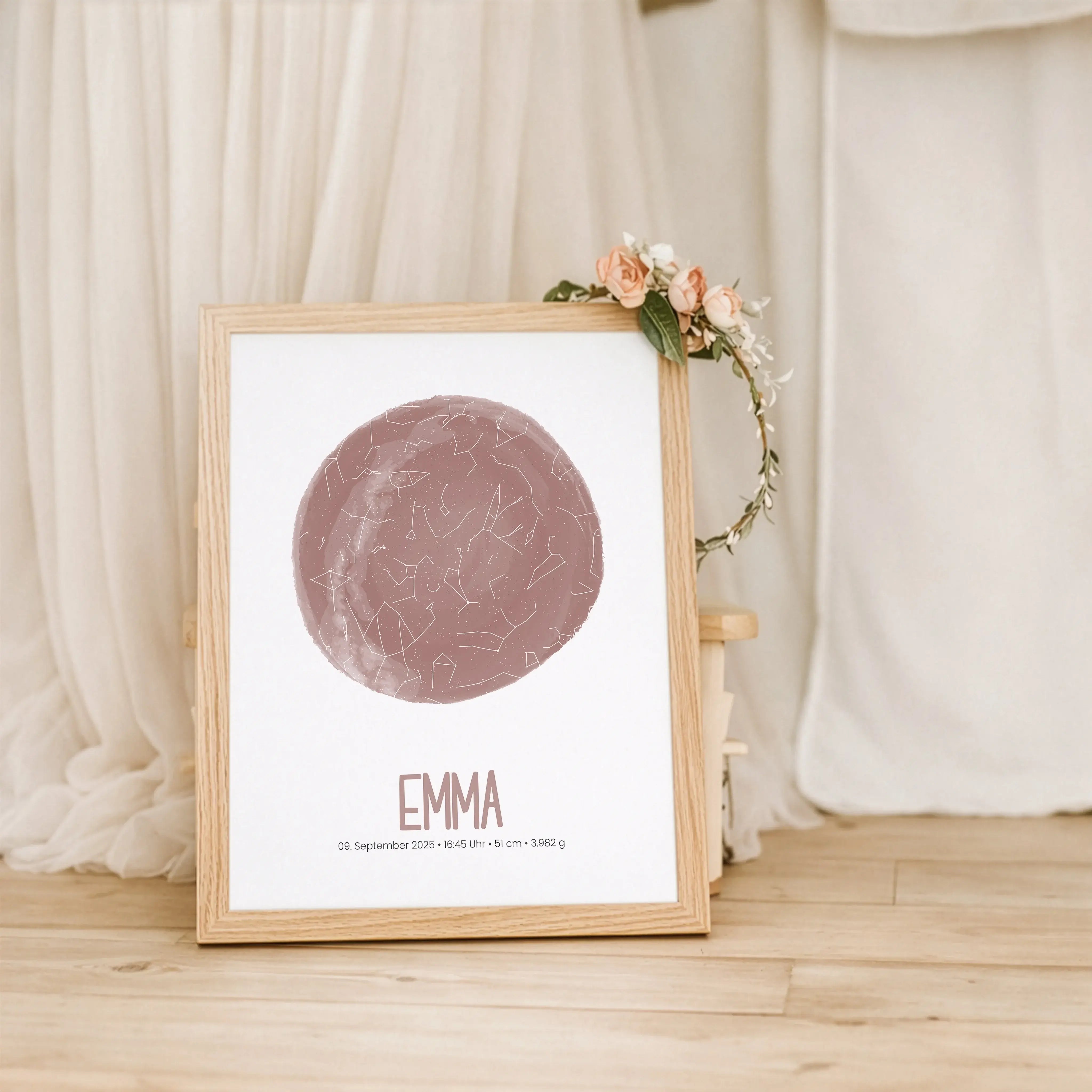 Geburtsposter Sternenhimmel-Personalisiertes Poster-famprints-Das Geburtsposter Sternenhimmel von famprints hält einen einzigartigen Moment fest, so wie er wirklich war. Du siehst den echten Sternenhimmel zum Zeitpunkt der Geburt deines Kindes, berechnet