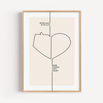 Familienposter Herz Haus-famprints-Personalisiertes Poster-Auf dem Familienposter Herz Haus findest du im Line Art Stil ein Herz und ein Haus. Beides zusammen deutet ein komplettes Herz an. Auf der linken Seite - der Hausseite - kannst du das Poster oberh