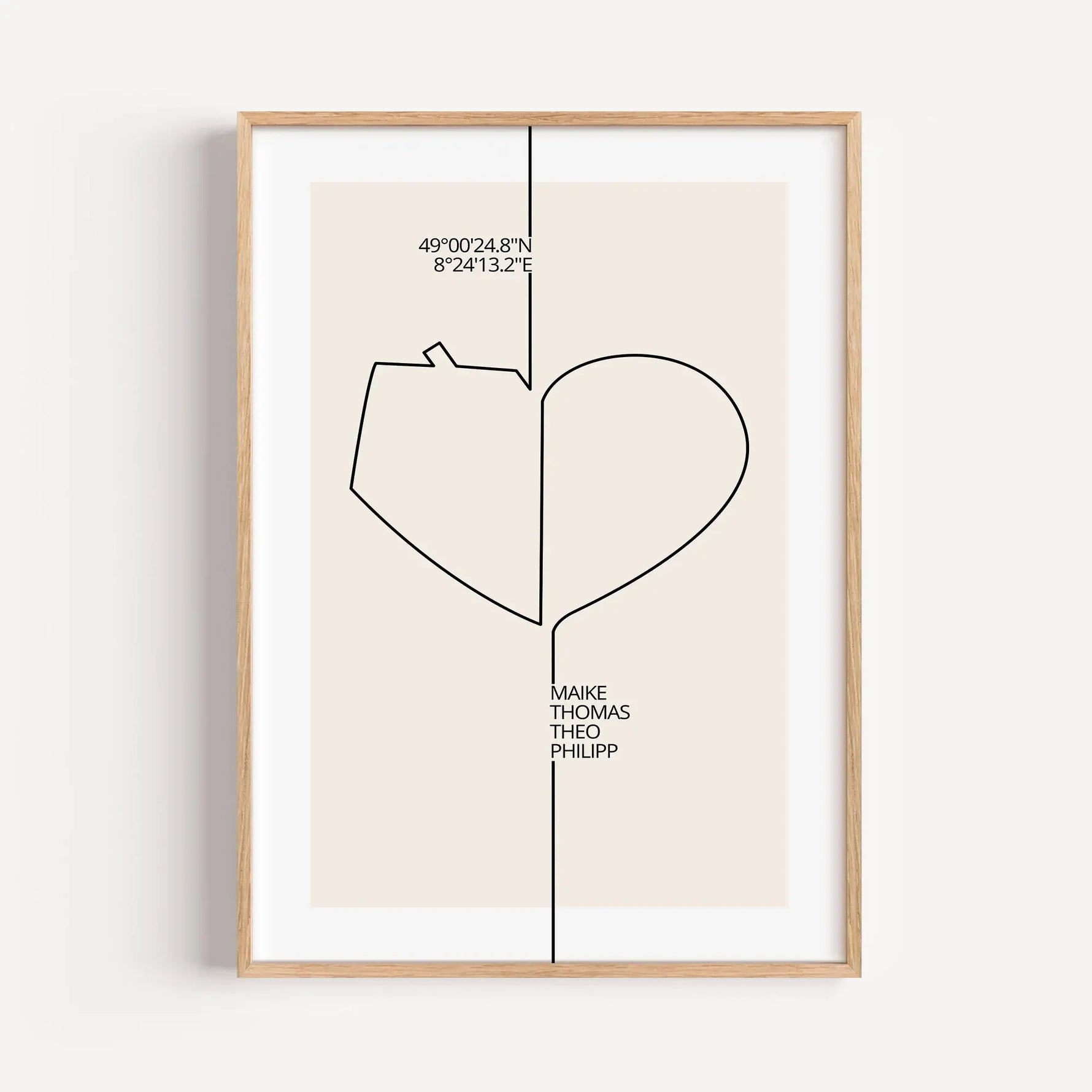 Familienposter Herz Haus-famprints-Personalisiertes Poster-Auf dem Familienposter Herz Haus findest du im Line Art Stil ein Herz und ein Haus. Beides zusammen deutet ein komplettes Herz an. Auf der linken Seite - der Hausseite - kannst du das Poster oberh