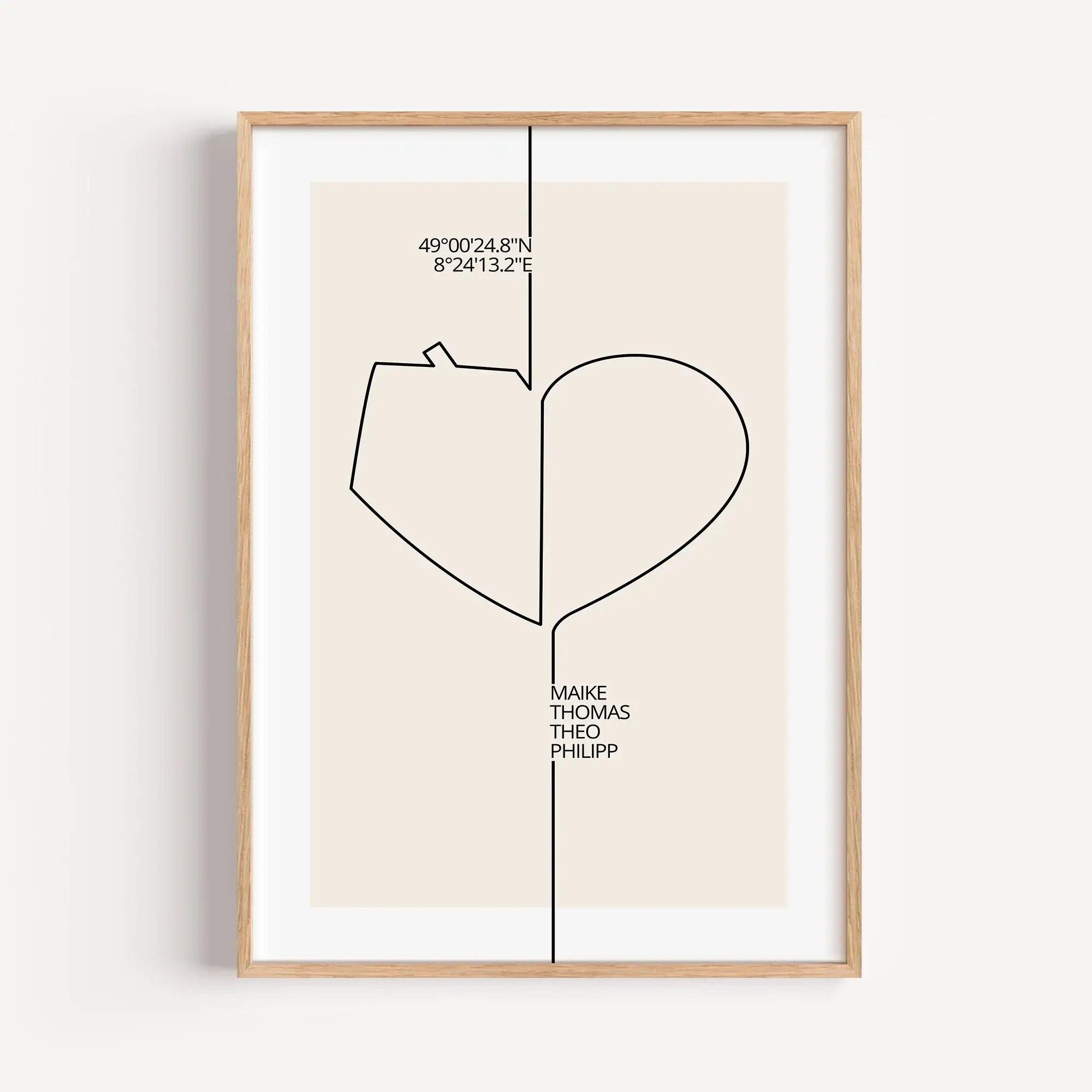 Familienposter Herz Haus-famprints-Personalisiertes Poster-Auf dem Familienposter Herz Haus findest du im Line Art Stil ein Herz und ein Haus. Beides zusammen deutet ein komplettes Herz an. Auf der linken Seite - der Hausseite - kannst du das Poster oberh