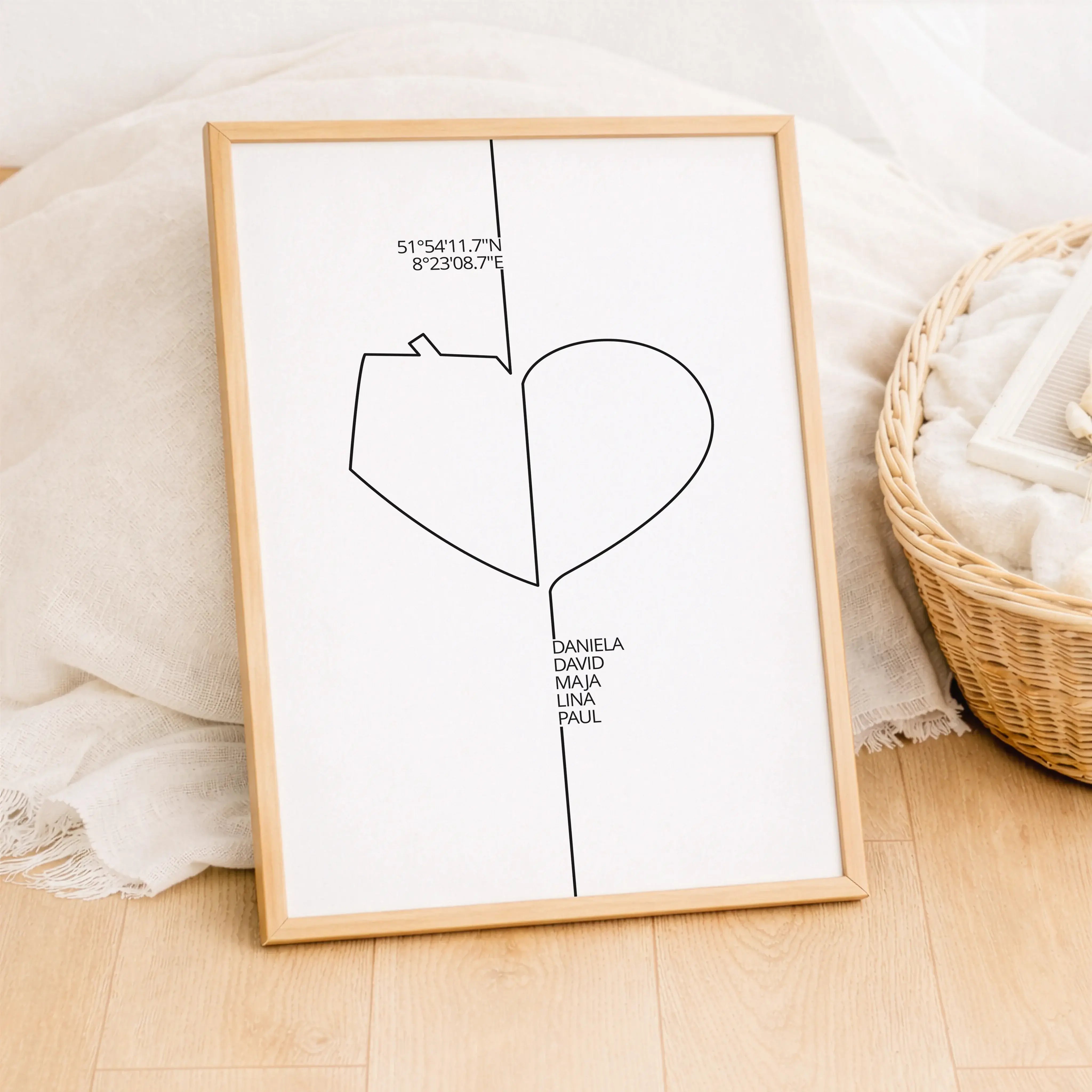 Familienposter Herz Haus-Personalisiertes Poster-famprints-Das Familienposter Herz Haus von famprints verbindet das, was zählt: Zuhause und Zusammenhalt. Das minimalistische Line-Art-Motiv aus Herz und Haus verschmilzt zu einem stimmigen Gesamtbild und ma