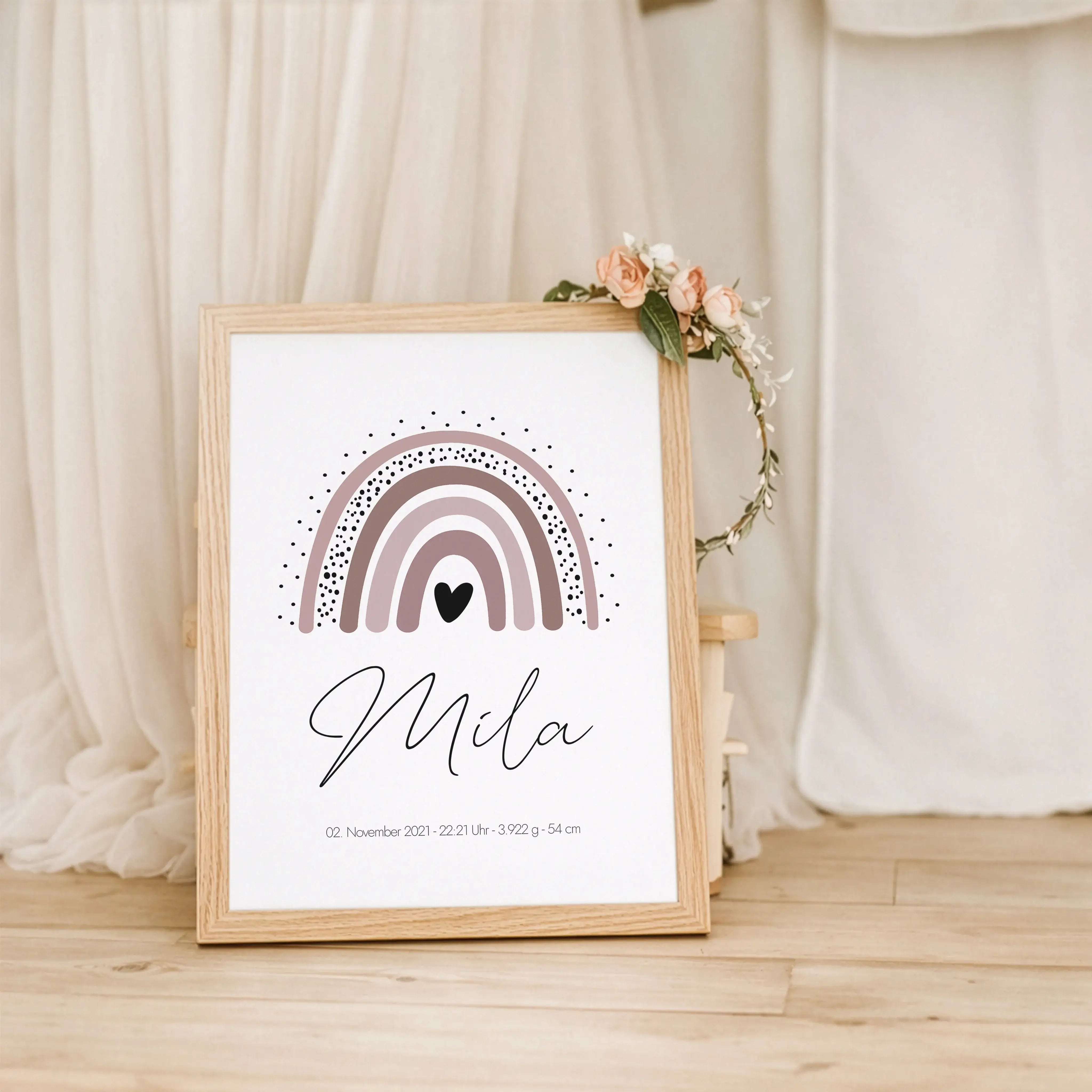 Regenbogen Poster-Personalisiertes Poster-famprints-Das Regenbogen Poster ist eine liebevolle Wanddekoration für das Kinderzimmer und verbindet modernes Design mit persönlicher Bedeutung. Durch die sanften Farben und die klare Regenbogen-Illustration wirk