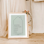 Familienposter Haus Kontur-famprints-Personalisiertes Poster-Auf dem Familienposter mit Namen 'Haus Kontur' findest du ein Haus in Line Art in verschiedenen Farbvarianten und 6 unterschiedlichen Größen. Das Poster kannst du mit deinem Wunschtext personali
