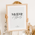 Paar Poster Mr & Mr-famprints-Personalisiertes Poster-Unser personalisiertes Hochzeit Poster Mr & Mr ist perfekt für alle gleichgeschlechtlichen Paare die ihren einzigartigen Tag unvergessen machen wollen. Du kannst den Text mit euren Namen, dem Hochzeits