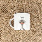 Emaille Tasse Strauß Portrait-famprints-Emaille Tasse-Entdecke die zauberhafte Emaille Tasse Strauß Portrait – das ideale personalisierte Geschenk für Kinder! Egal ob zur Einschulung, Taufe, zu Ostern oder Weihnachten, diese Emaille Tasse personalisiert b