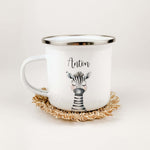 Emaille Tasse Zebra Portrait-famprints-Emaille Tasse-Entdecke die Emaille Tasse Zebra Portrait – das ideale personalisierte Geschenk für Kinder! Ob zur Einschulung, Taufe, Ostern oder Weihnachten, diese Emaille Tasse personalisiert wird mit dem Namen des