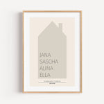 Familienposter Haus-famprints-Personalisiertes Poster-Auf dem Familienposter Haus findest du die Silhouette von einem Haus in unterschiedlichen Farben. Das Haus kann mit deinem Wunschtext personalisiert werden. In unserem Beispiel haben wir uns für die Na