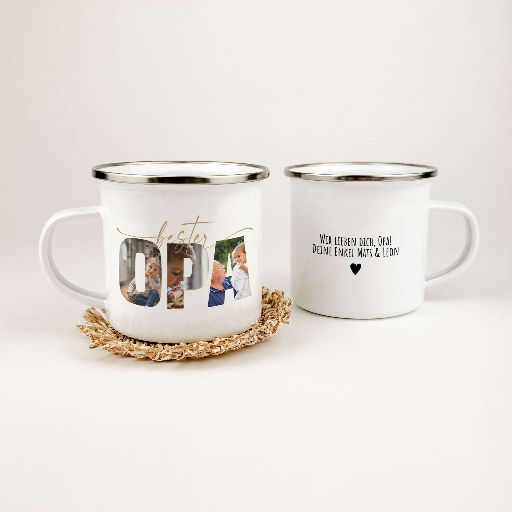 Emaille Tasse bester Opa-famprints-Emaille Tasse-Mach deinem Opa eine ganz besondere Freude mit unserer personalisierten Emaille Tasse bester Opa, die nicht nur seine Kaffeepausen verschönert, sondern auch ein einzigartiges Stück Erinnerung wird. Diese Ta