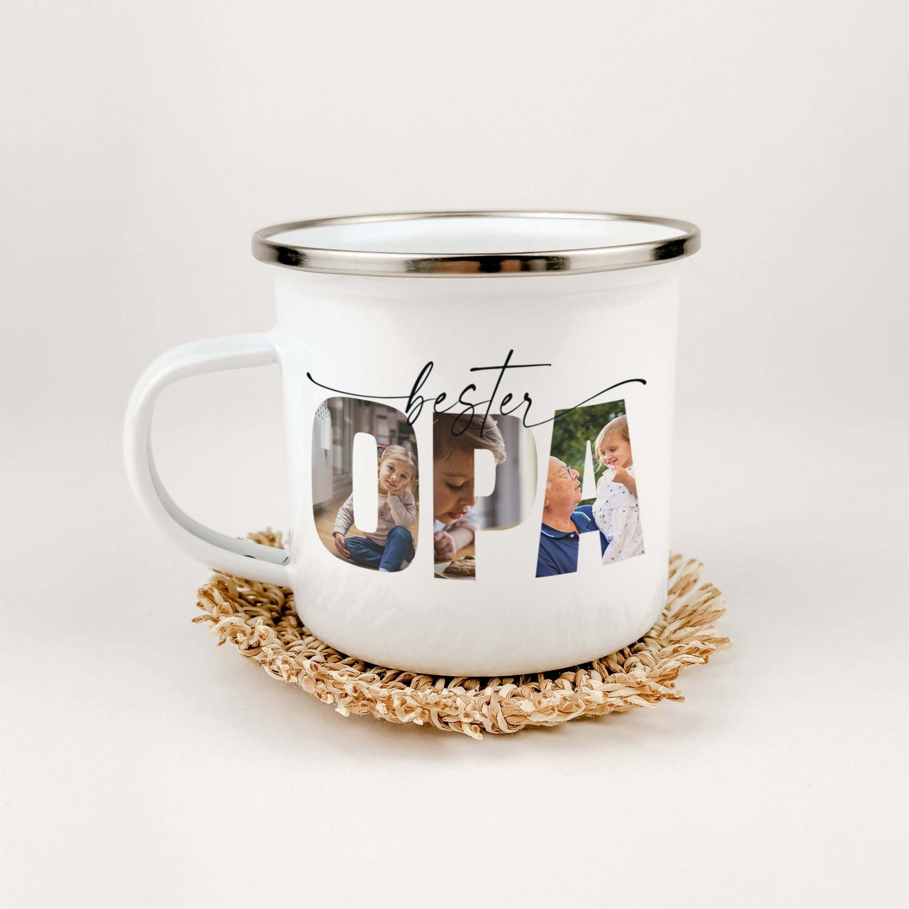 Emaille Tasse bester Opa-famprints-Emaille Tasse-Mach deinem Opa eine ganz besondere Freude mit unserer personalisierten Emaille Tasse bester Opa, die nicht nur seine Kaffeepausen verschönert, sondern auch ein einzigartiges Stück Erinnerung wird. Diese Ta