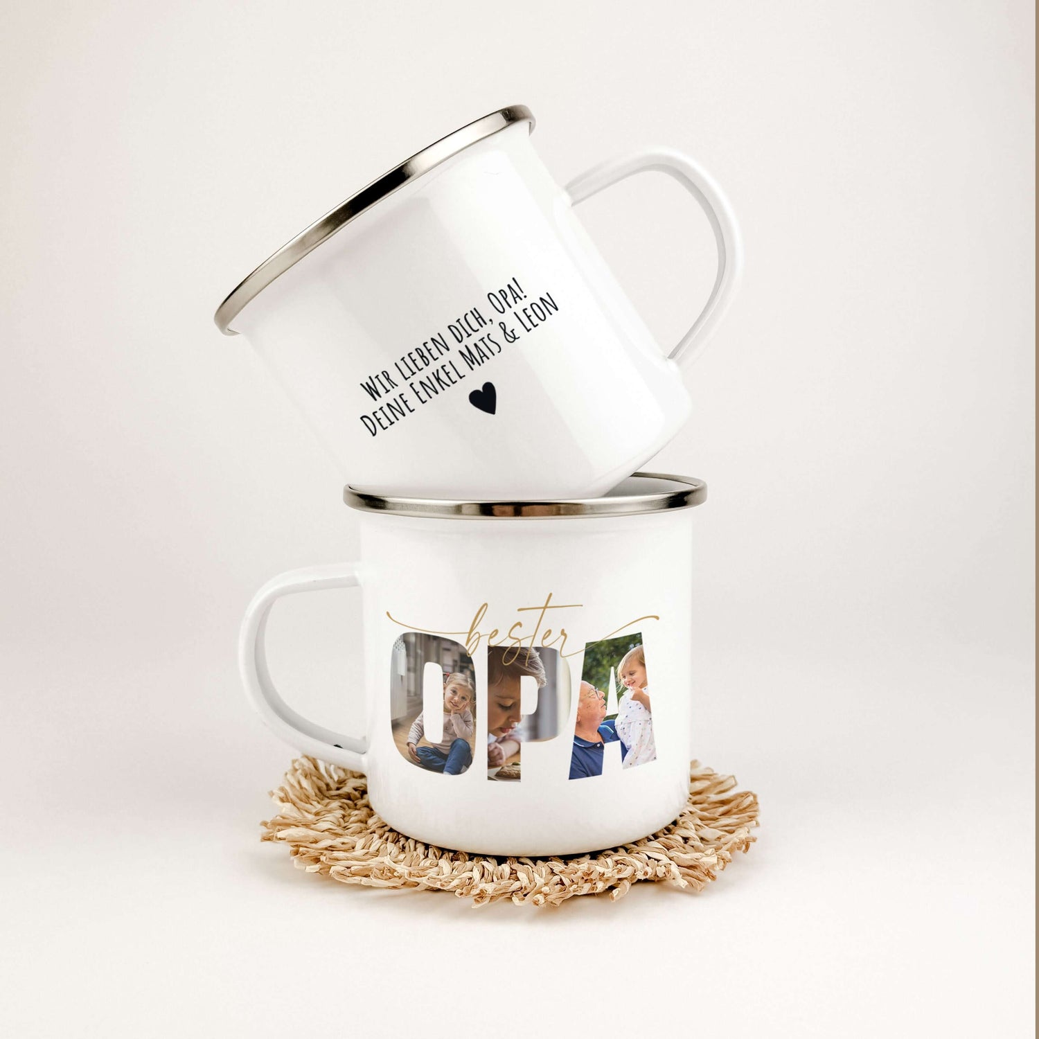 Emaille Tasse bester Opa-famprints-Emaille Tasse-Mach deinem Opa eine ganz besondere Freude mit unserer personalisierten Emaille Tasse bester Opa, die nicht nur seine Kaffeepausen verschönert, sondern auch ein einzigartiges Stück Erinnerung wird. Diese Ta