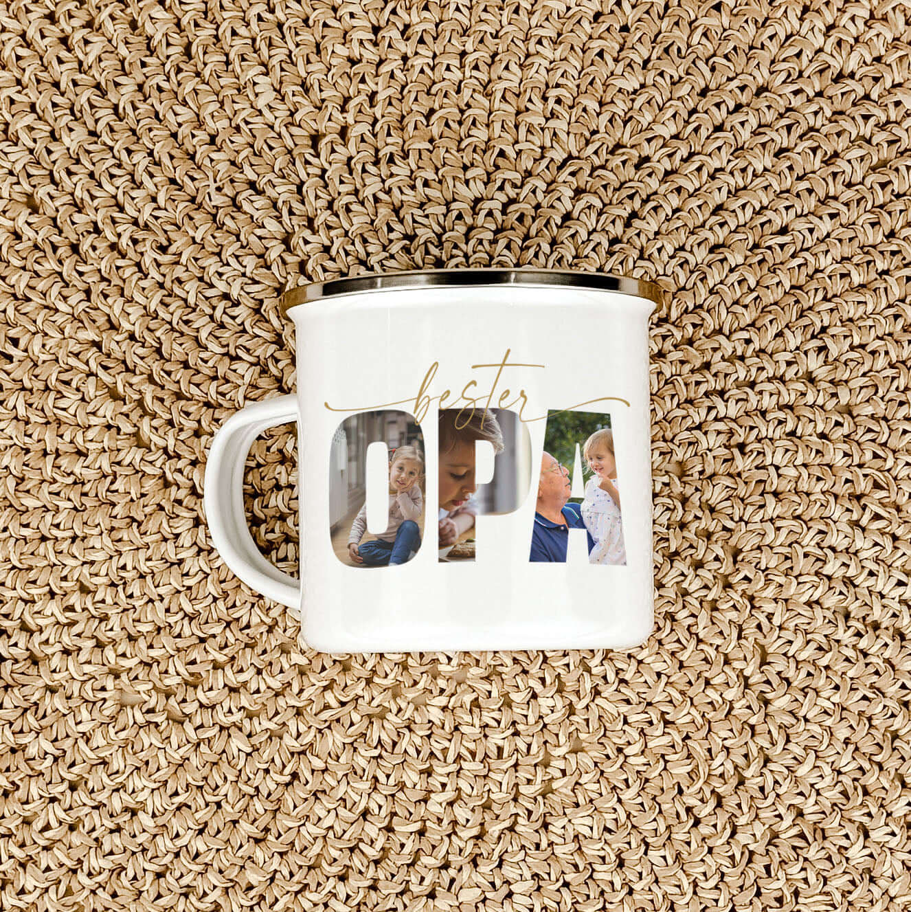 Emaille Tasse bester Opa-famprints-Emaille Tasse-Mach deinem Opa eine ganz besondere Freude mit unserer personalisierten Emaille Tasse bester Opa, die nicht nur seine Kaffeepausen verschönert, sondern auch ein einzigartiges Stück Erinnerung wird. Diese Ta