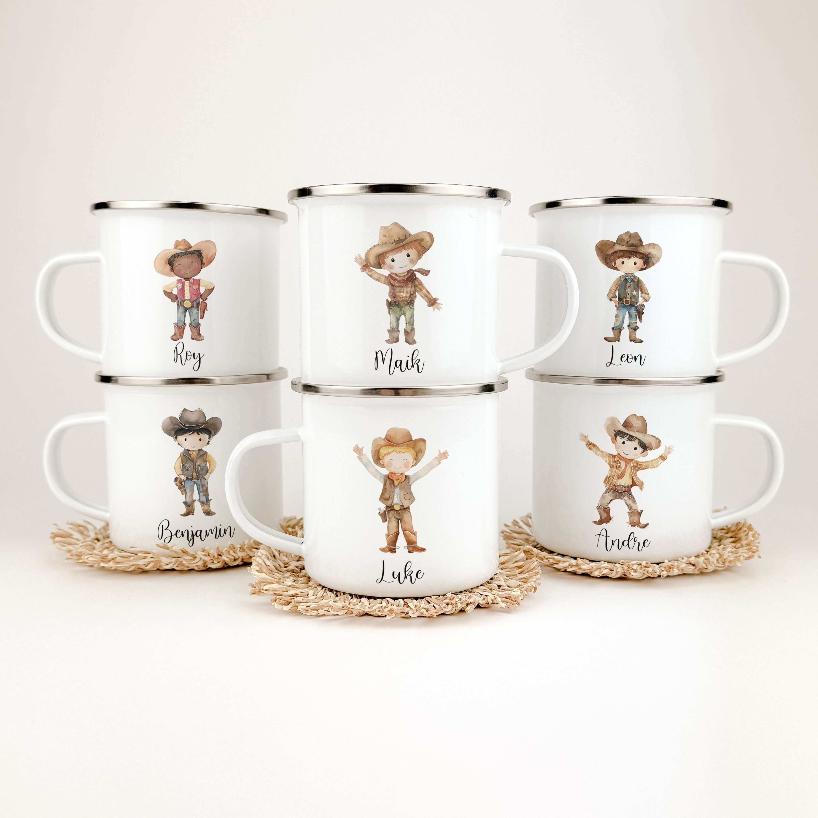Emaille Tasse Cowboy-famprints-Emaille Tasse-Mit ihrem liebevoll gestalteten süßen Cowboy in Aquarell Optik ist diese Tasse nicht nur ein echter Hingucker, sondern auch ein perfektes Geschenk für Kinder zur Einschulung, Taufe oder Ostern. Der brillante un